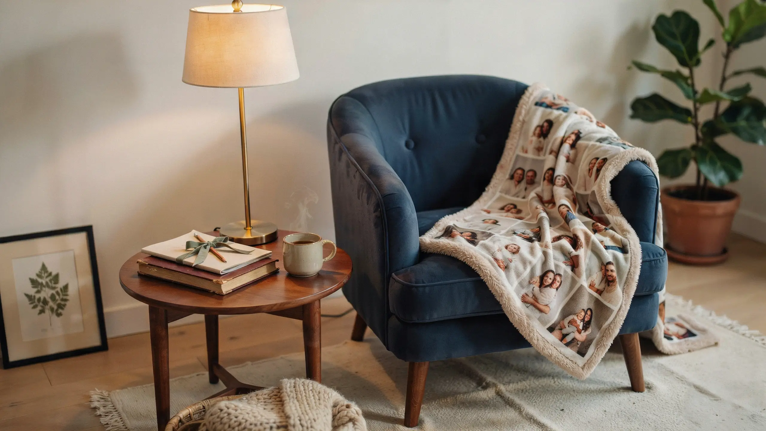 Personalized family photo blanket draped over a navy blue velvet armchair, representing a thoughtful screen-free gift for a tech-averse grandpa. 