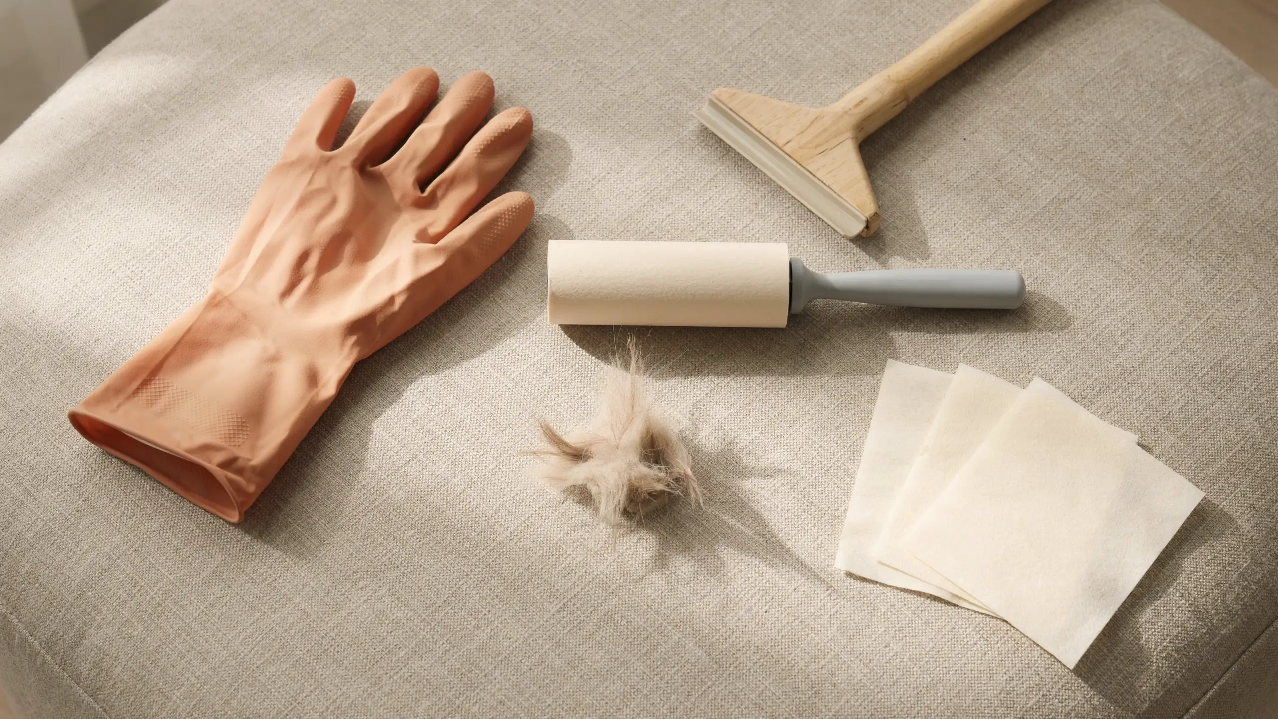 Peach rubber cleaning glove, grey-handled lint roller, wooden upholstery squeegee, clump of pet fur, and white dry wipes arranged on a textured beige couch fabric.