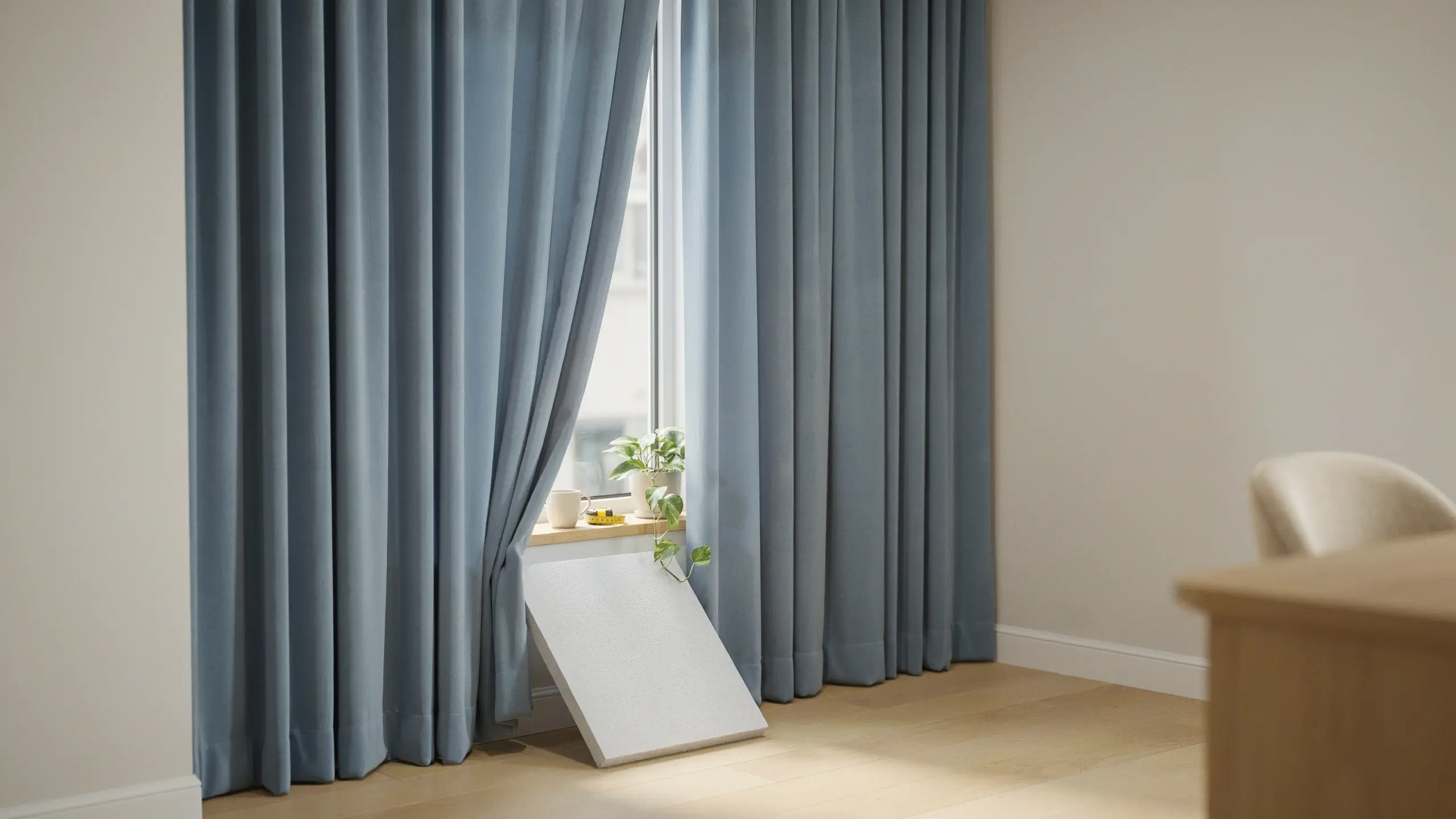 A white, portable window soundproofing panel angled against a glass window. The quiet home office setup features light blue curtains, a small potted plant, and a mug on the sill, providing an effective noise barrier without drilling or touching the glass frame.