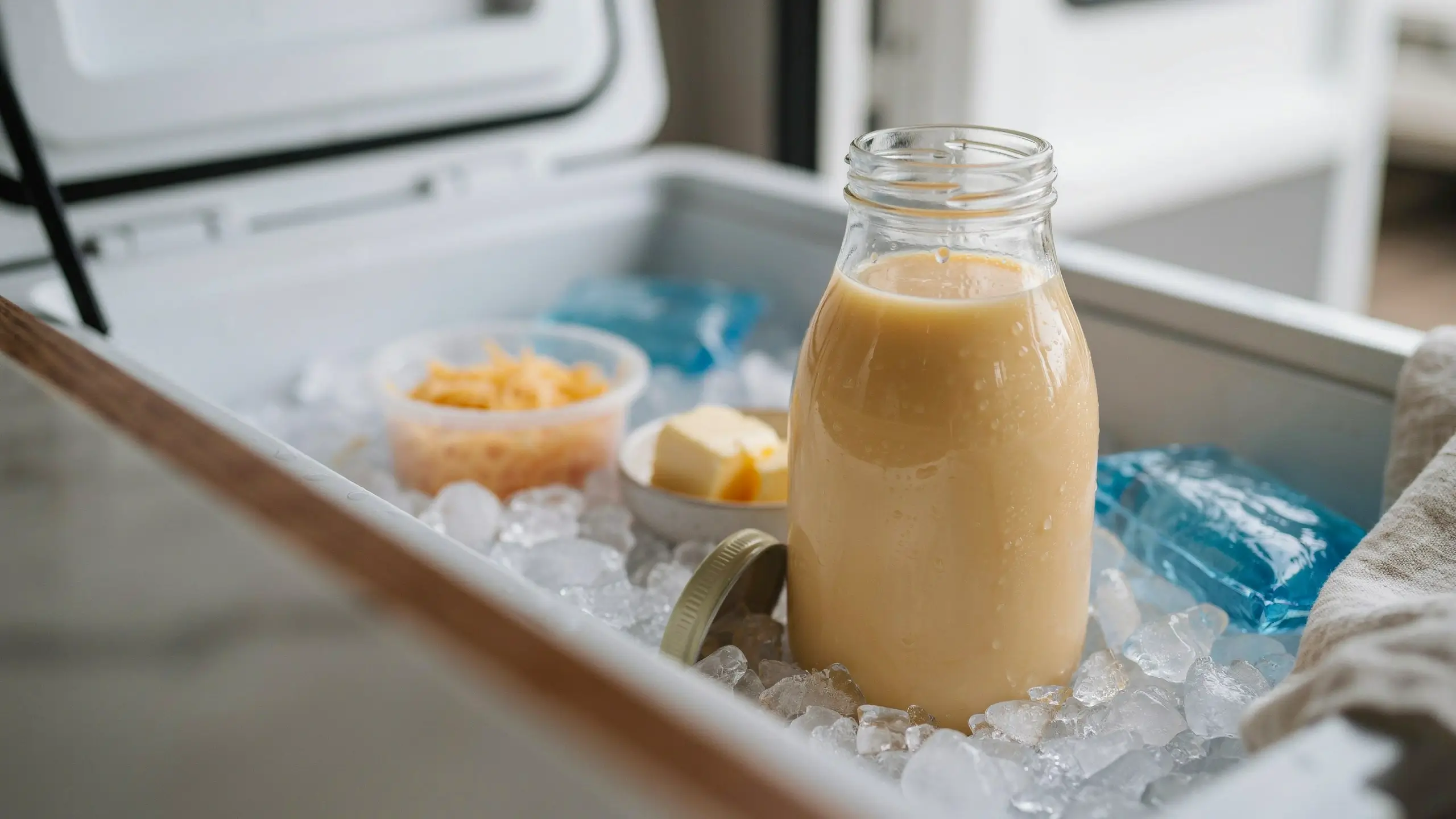 Glass bottle of pre-cracked eggs chilling in an ice-filled white cooler, positioned next to shredded cheese, butter, and blue ice packs for a camping breakfast.