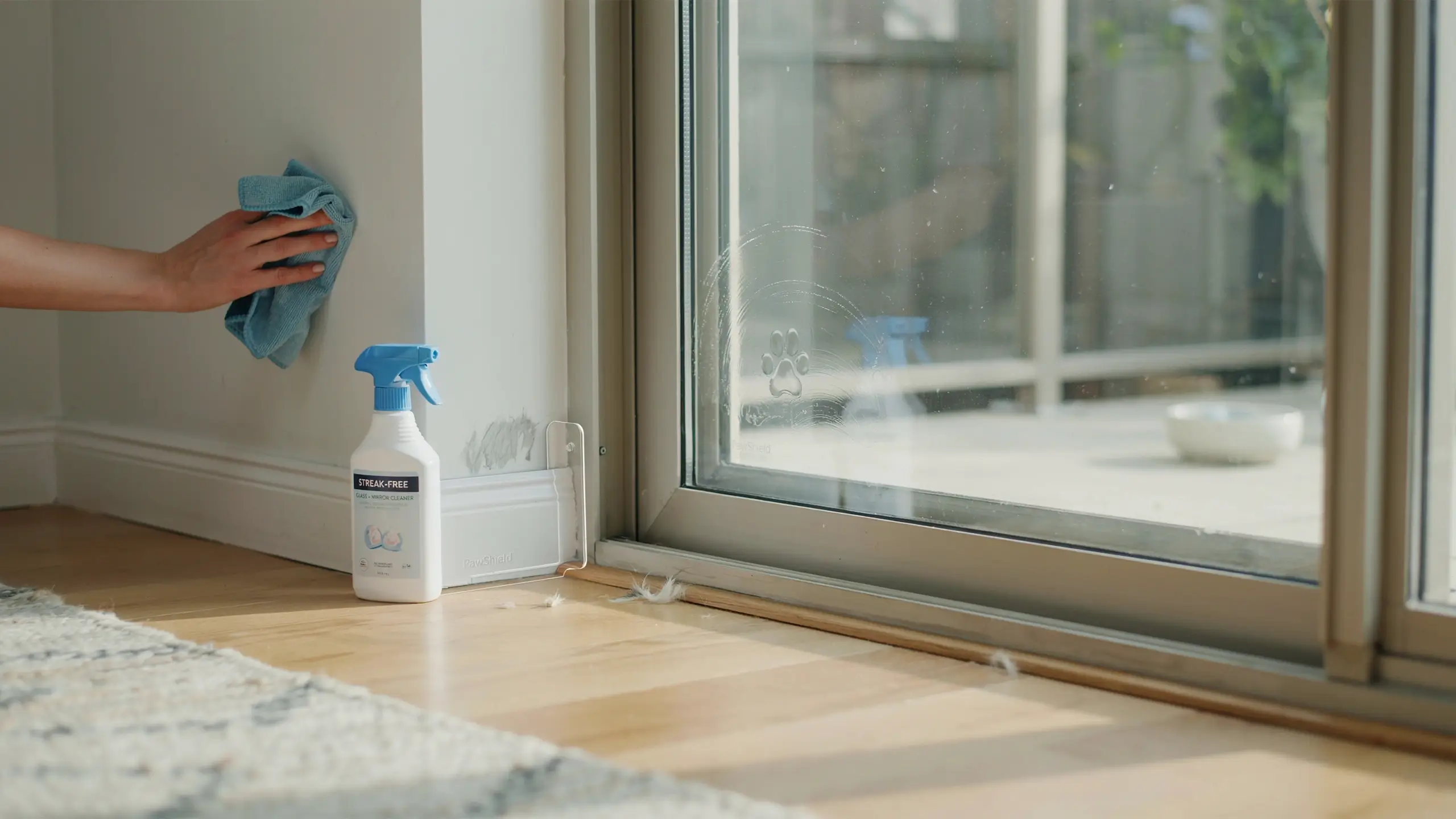 A human hand wiping a white wall with a blue microfiber cloth near a sliding glass door showing a smudged dog nose print, with a bottle of streak-free glass cleaner and a clear plastic baseboard protector placed on the hardwood floor to illustrate safeguarding surfaces from pet scratches and smudges