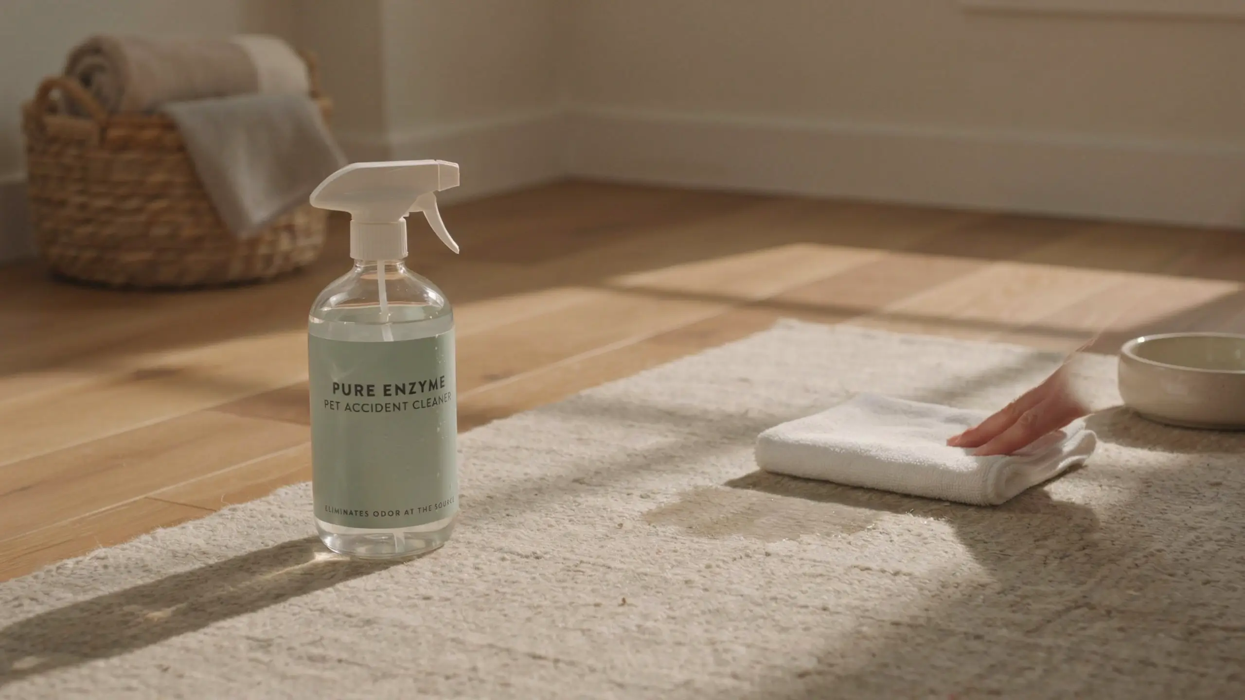 Hand using a white microfiber cloth to wipe a textured rug next to a clear spray bottle of Pure Enzyme Pet Accident Cleaner in a bright, sunlit living room setting