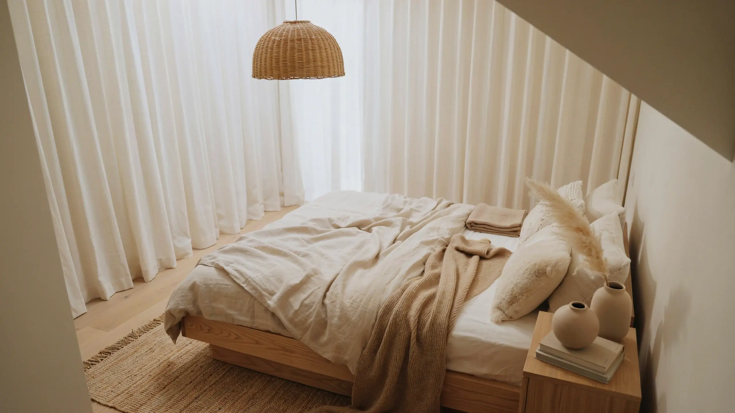 Rumpled cream linen bedding on a low light wood bed with a tan knit throw, woven rattan pendant lamp, and sheer white curtains in a minimal neutral bedroom.
