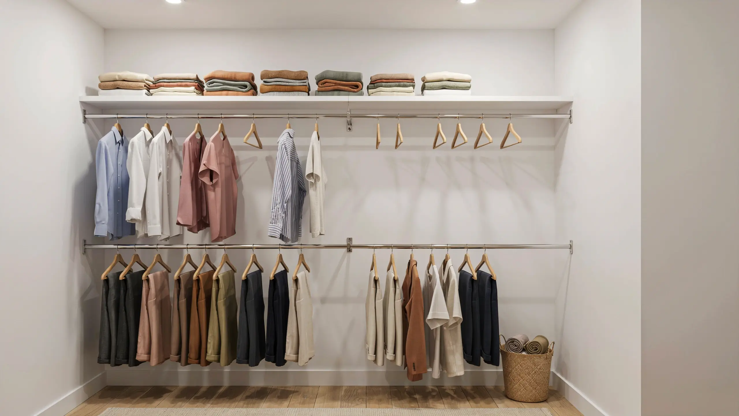 Minimalist open closet featuring a raised top shelf with folded knitwear stacks, paired with two-tier metal hanging rods that create a double-hanging system to maximize vertical storage for pants and shirts.