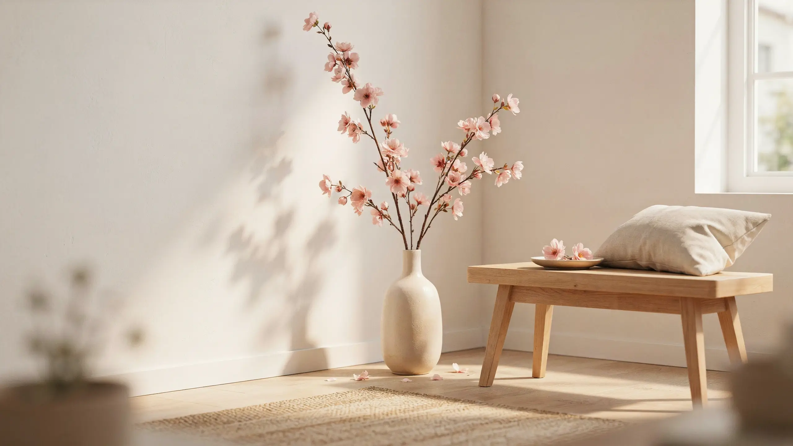 A minimalist living room corner featuring a large bouquet of artificial pink cherry blossom branches in a textured cream ceramic vase, standing on a light wood floor next to a matching wooden bench with a beige linen pillow, bathed in warm natural sunlight casting soft shadows on a white wall.