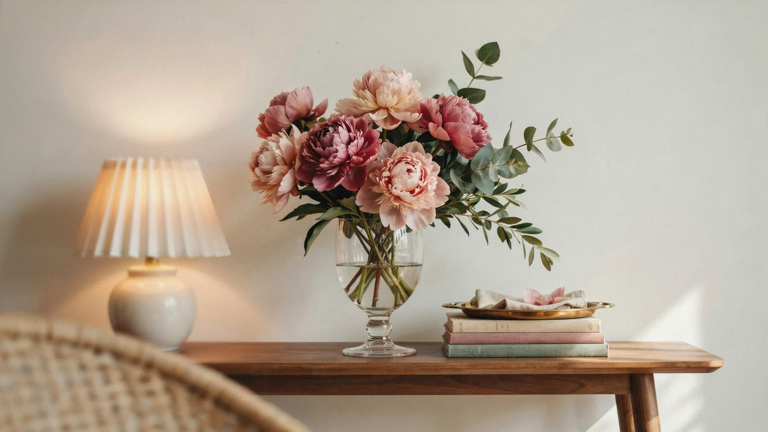A bouquet of pink and magenta real-touch peony stems with eucalyptus leaves arranged in a clear glass vase on a wooden console table, styled next to a pleated cream lamp and a stack of pastel books.