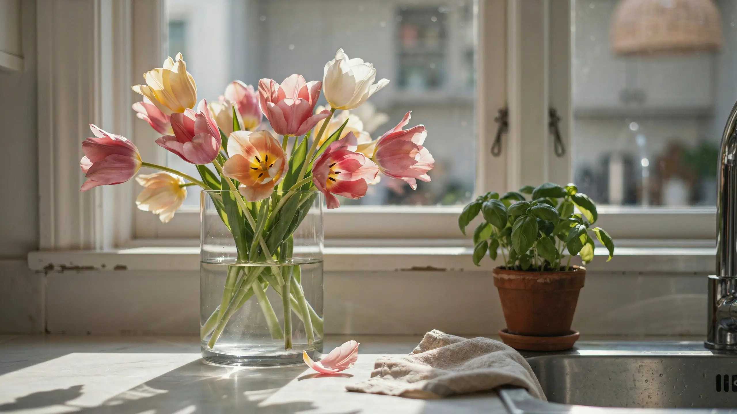 A clear glass vase holding a realistic arrangement of pink, peach, and pale yellow real-touch tulips on a sunlit kitchen counter, situated next to a terracotta potted basil plant and a sink.
