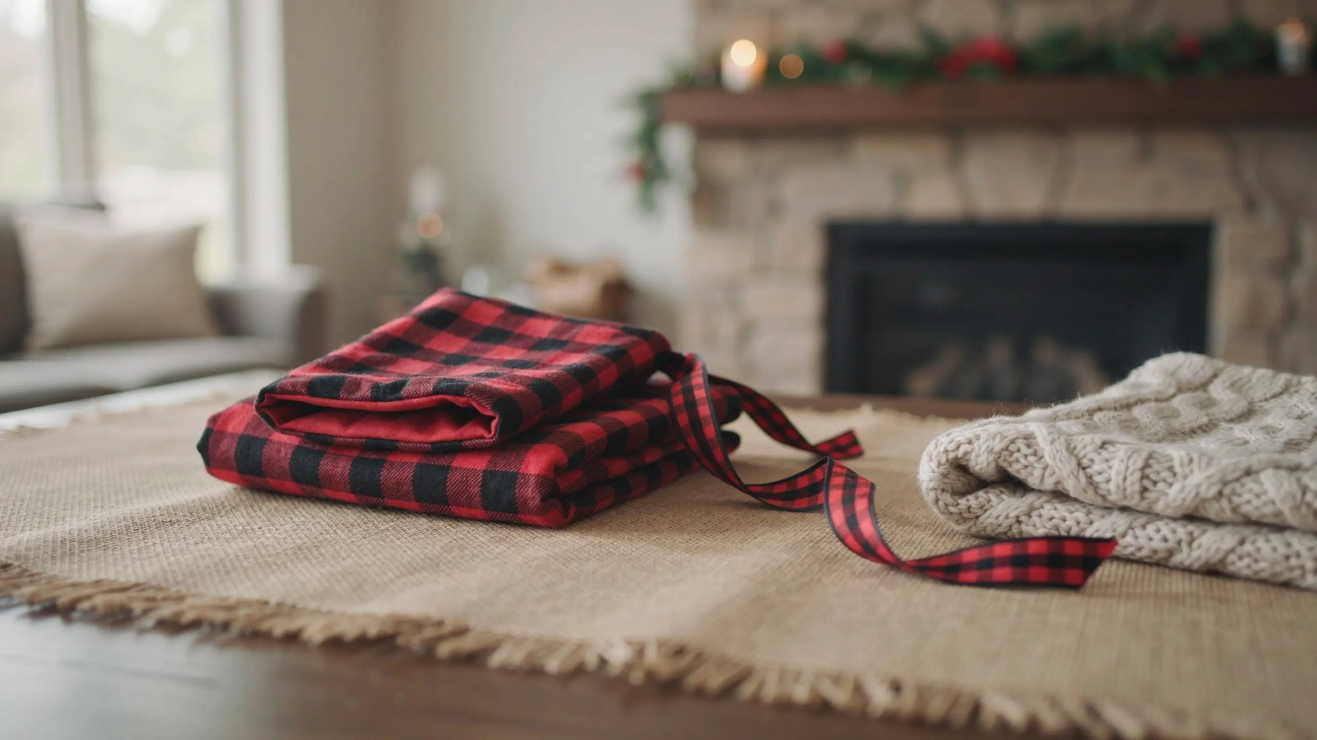 Red and black buffalo check plaid fabric with a matching ribbon tie, layered on a fringed burlap table runner next to a folded cream cable-knit throw, set in a cozy living room with a blurred stone fireplace and Christmas garland in the background.