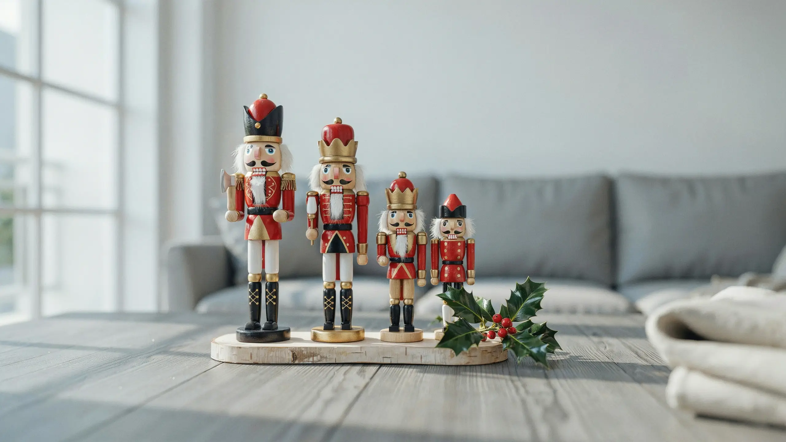 Four traditional wooden nutcracker figures in red and gold uniforms standing on a wooden slice with holly and red berries, styled on a light wood table in a bright, modern living room.