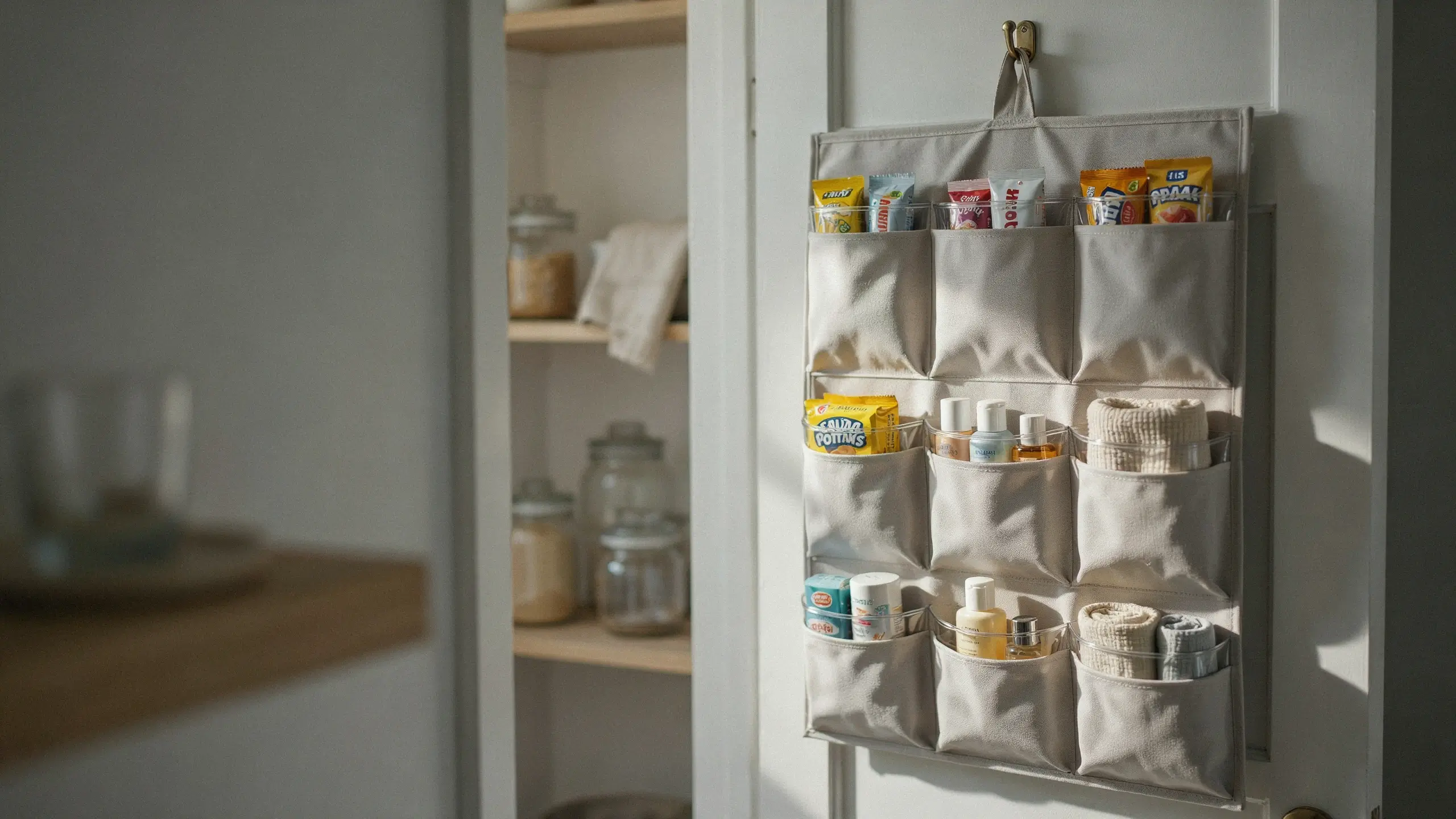 Beige repurposed over-the-door shoe organizer holding snacks, travel toiletries, and rolled washcloths, demonstrating a clever vertical storage hack for small spaces.