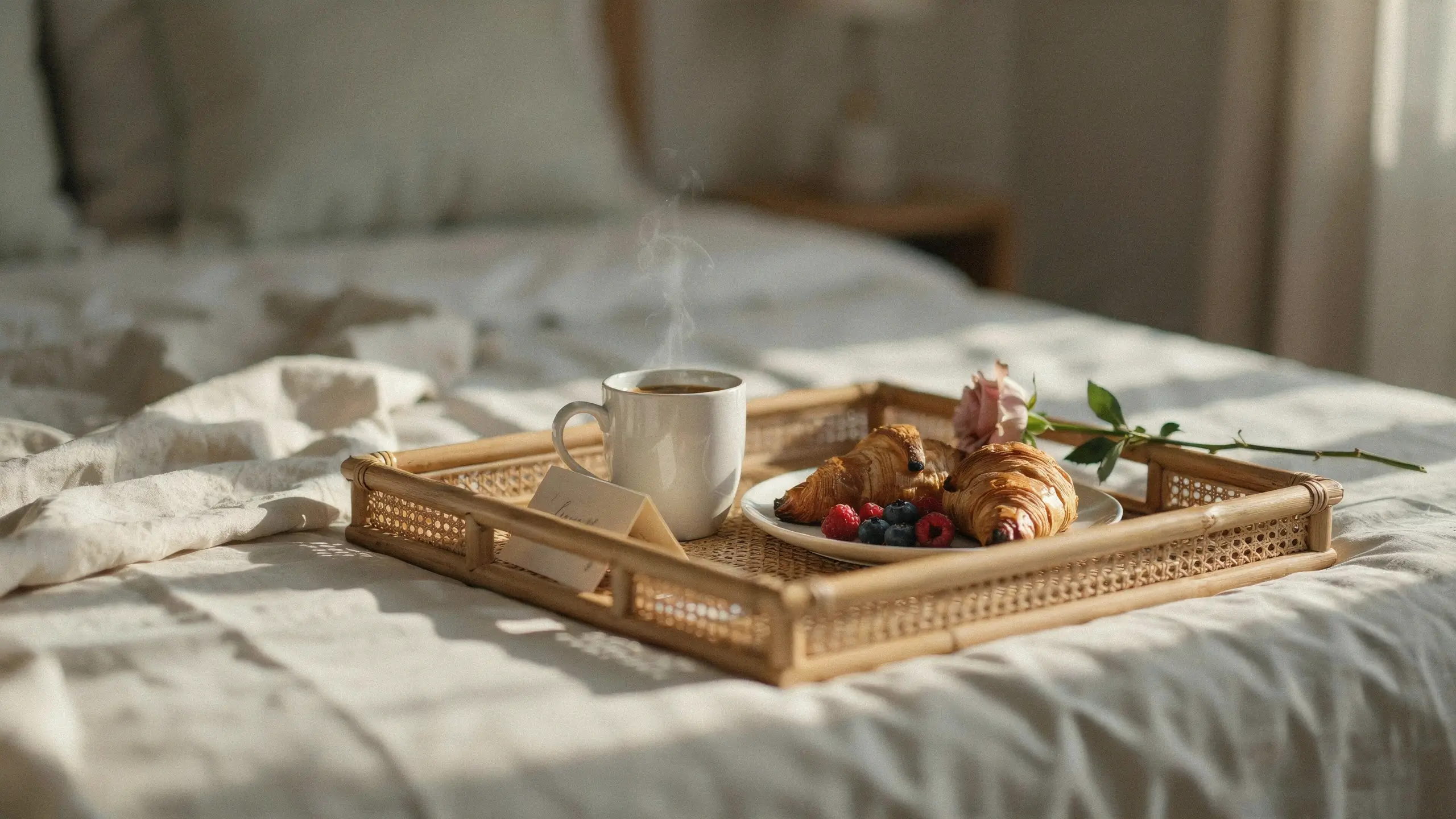 Wicker breakfast tray on a messy white bed with steaming coffee, croissants, fresh berries, and a pink rose, styled for a romantic morning in bed.