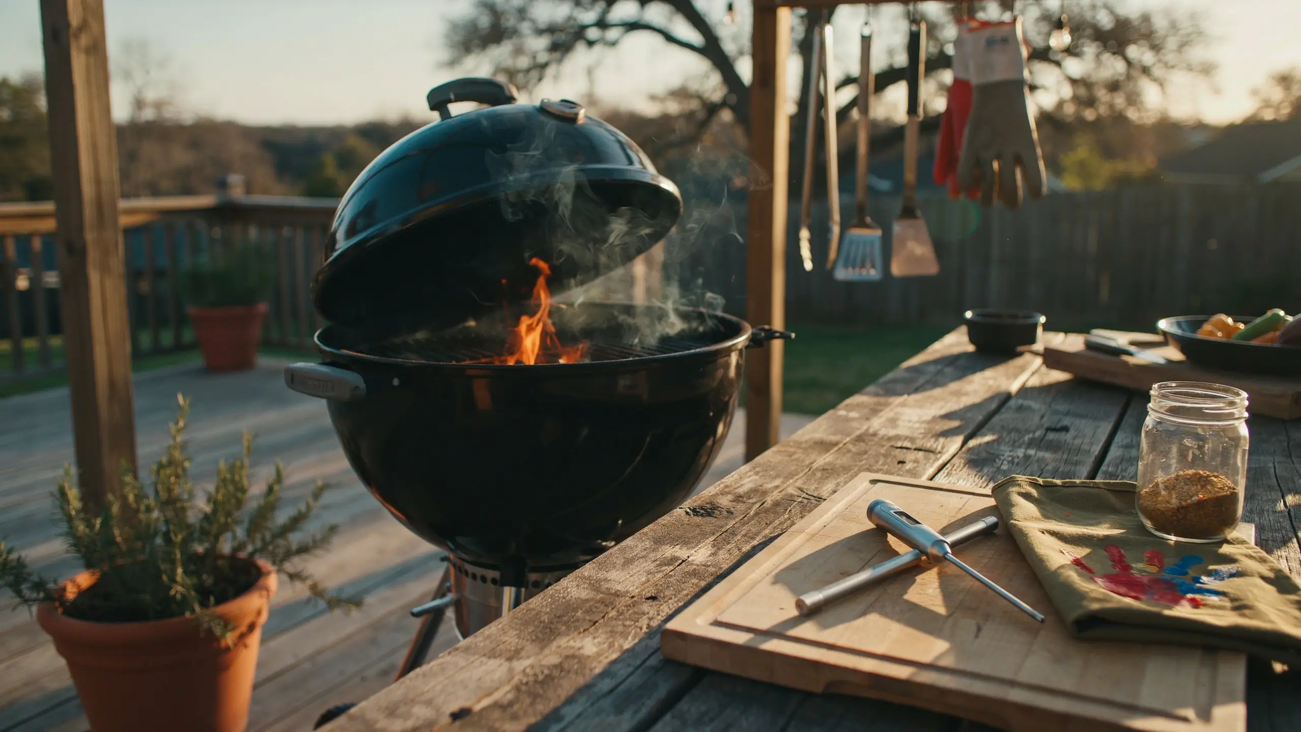 A black charcoal kettle grill with orange flames and thick smoke on a wooden deck, surrounded by grilling tongs, a spice jar, and a fresh rosemary plant during warm golden hour. 