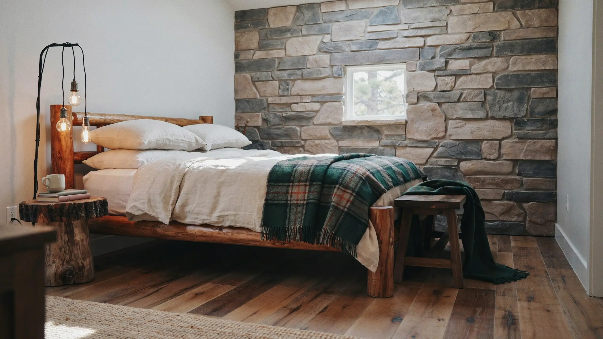 A cozy rustic cabin mountain lodge bedroom featuring a natural wooden log bed frame with crisp white linen bedding and a green plaid throw blanket, set against a textured stone accent wall with a small square window and hanging Edison bulb pendant lights, alongside a tree stump nightstand and rustic wood flooring.
