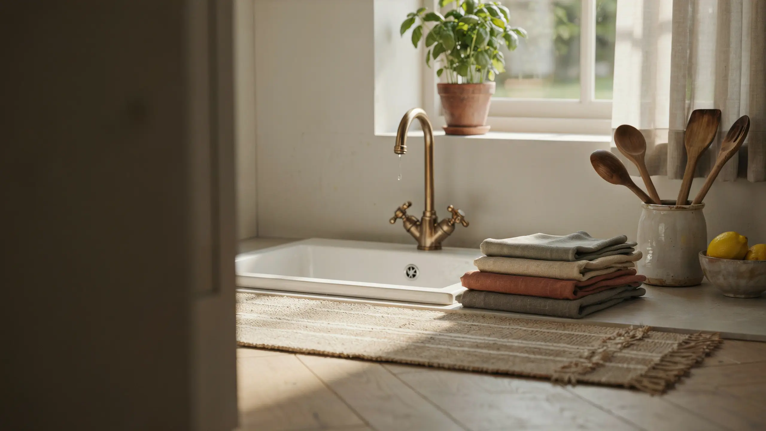A warm, sunlit kitchen sink vignette featuring a brass bridge faucet with a single water droplet, an organized stack of linen towels, wooden spoons, and lemons, exemplifying how to style small decorative details for a cozy farmhouse look.
