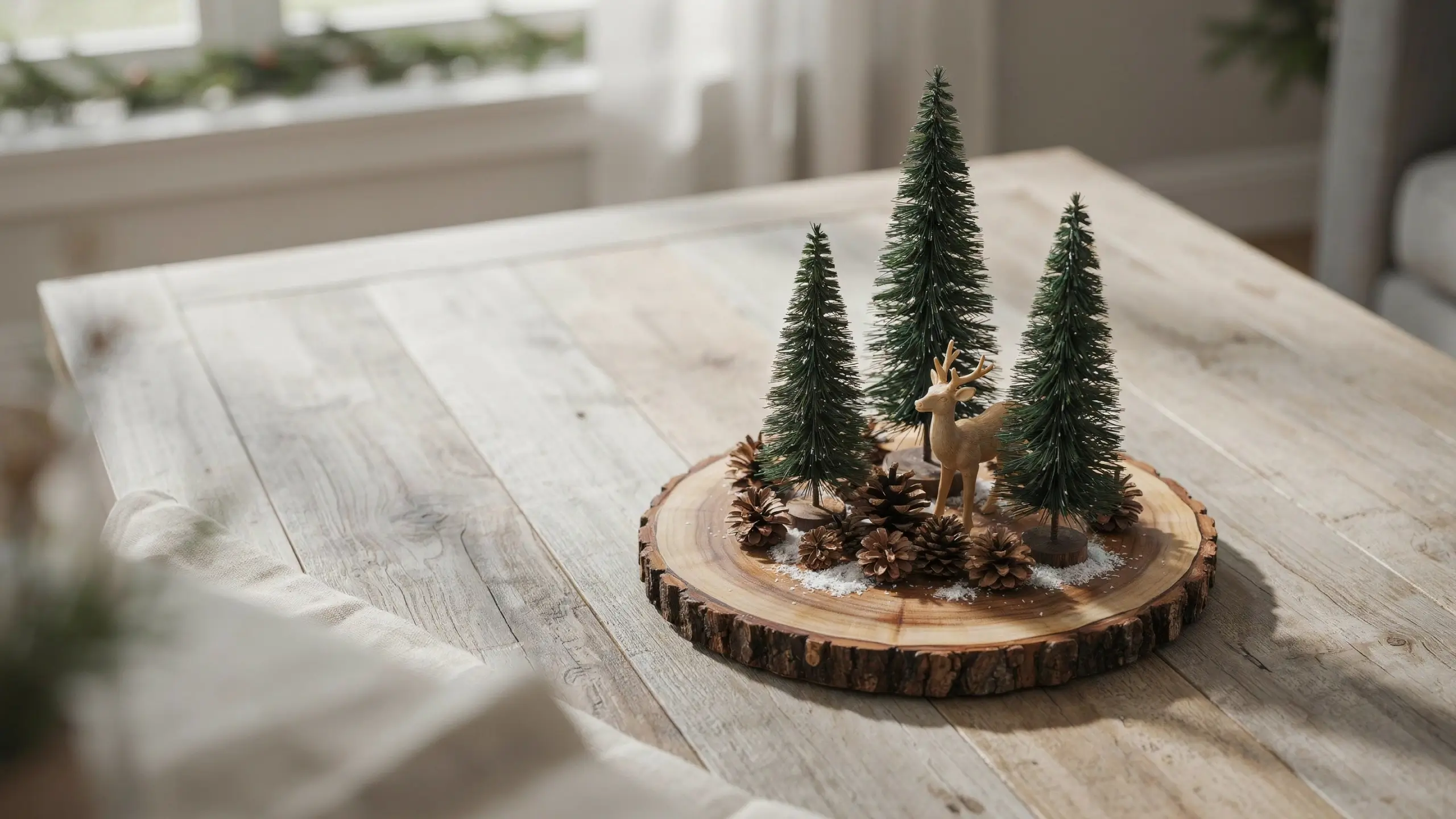 A rustic wood slice miniature forest centerpiece featuring three artificial green pine trees, a small light-wood deer figurine, pinecones, and scattered faux snow, sitting on a light wooden table for cozy winter holiday decorating.