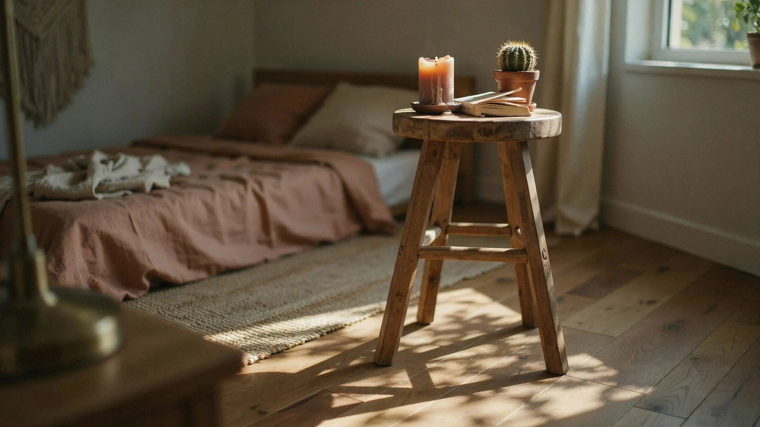 Antique wooden milking stool used as a rustic bedside table with a melting candle, small potted cactus, and open book in a cozy, sunlit bohemian bedroom. 