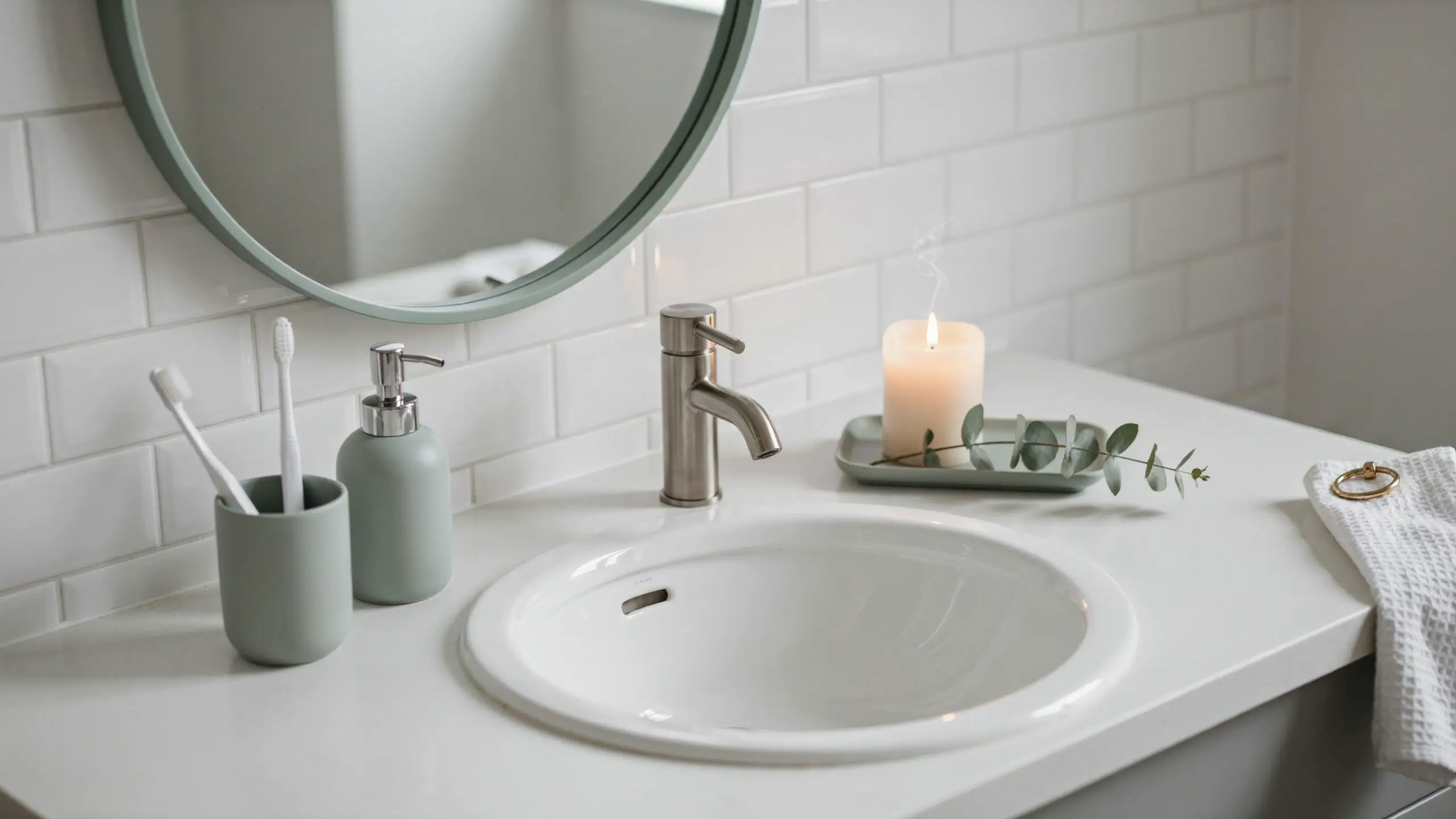A modern, minimalist bathroom vanity with white subway tile backsplash featuring a sage-green framed round mirror and matching sage green ceramic soap dispenser and toothbrush holder next to a brushed metal faucet.