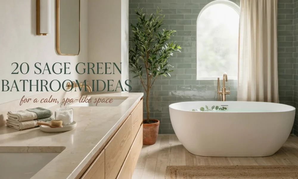 Sage green bathroom interior with freestanding tub, gold faucets, wooden vanity, and potted plant, featuring text overlay "20 Sage Green Bathroom Ideas for a calm spa-like space".
