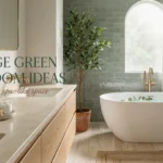 Sage green bathroom interior with freestanding tub, gold faucets, wooden vanity, and potted plant, featuring text overlay "20 Sage Green Bathroom Ideas for a calm spa-like space".