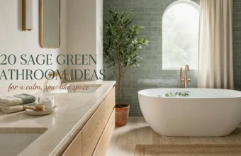 Sage green bathroom interior with freestanding tub, gold faucets, wooden vanity, and potted plant, featuring text overlay "20 Sage Green Bathroom Ideas for a calm spa-like space".