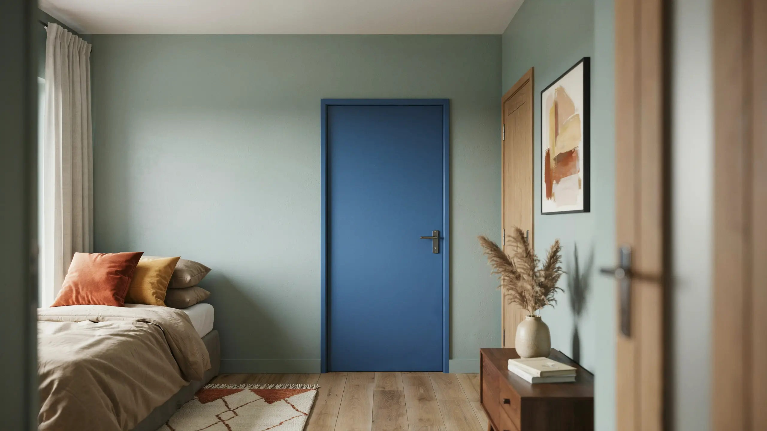 Modern bedroom interior with soft sage green walls, a striking blue accent door, and a bed dressed in rust and mustard velvet throw pillows. The space features light wood floors, a geometric cream and terracotta area rug, and a wooden console table displaying a beige vase with pampas grass next to abstract wall art.