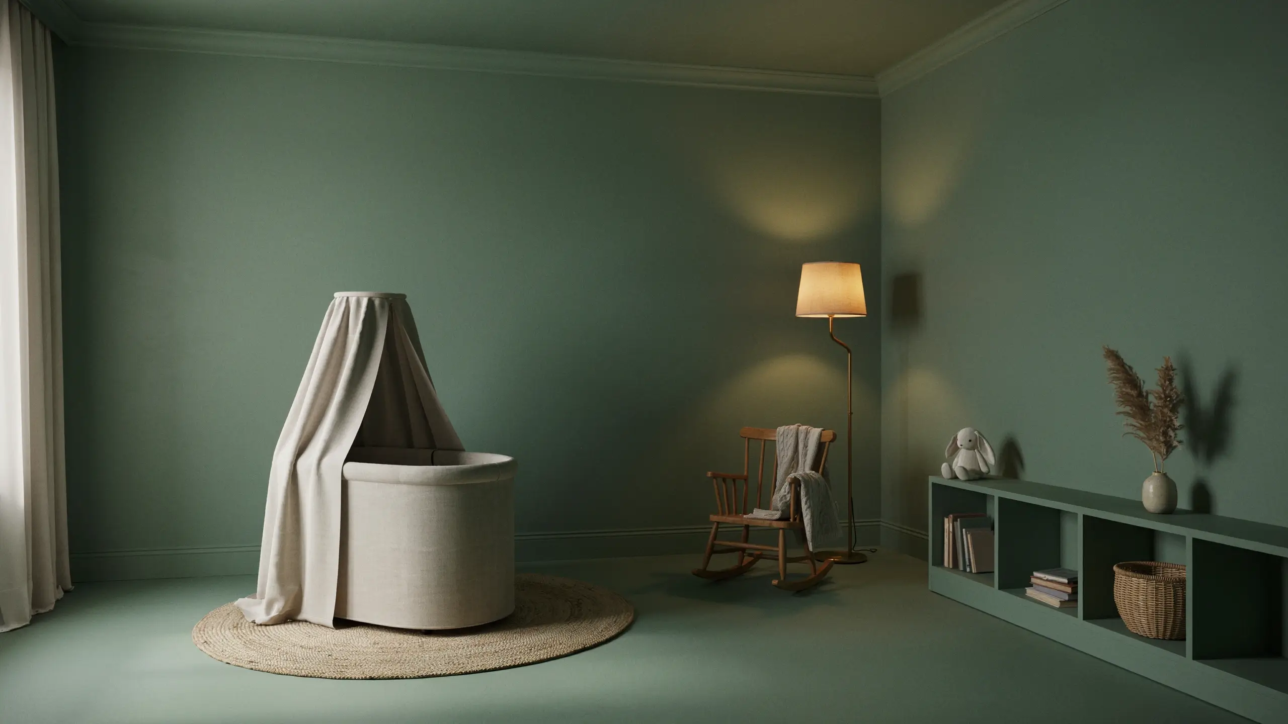 A serene, sage green color-drenched nursery featuring a draped canopy bassinet, wooden rocking chair, and low green shelving decorated with dried pampas grass and a white bunny plush.