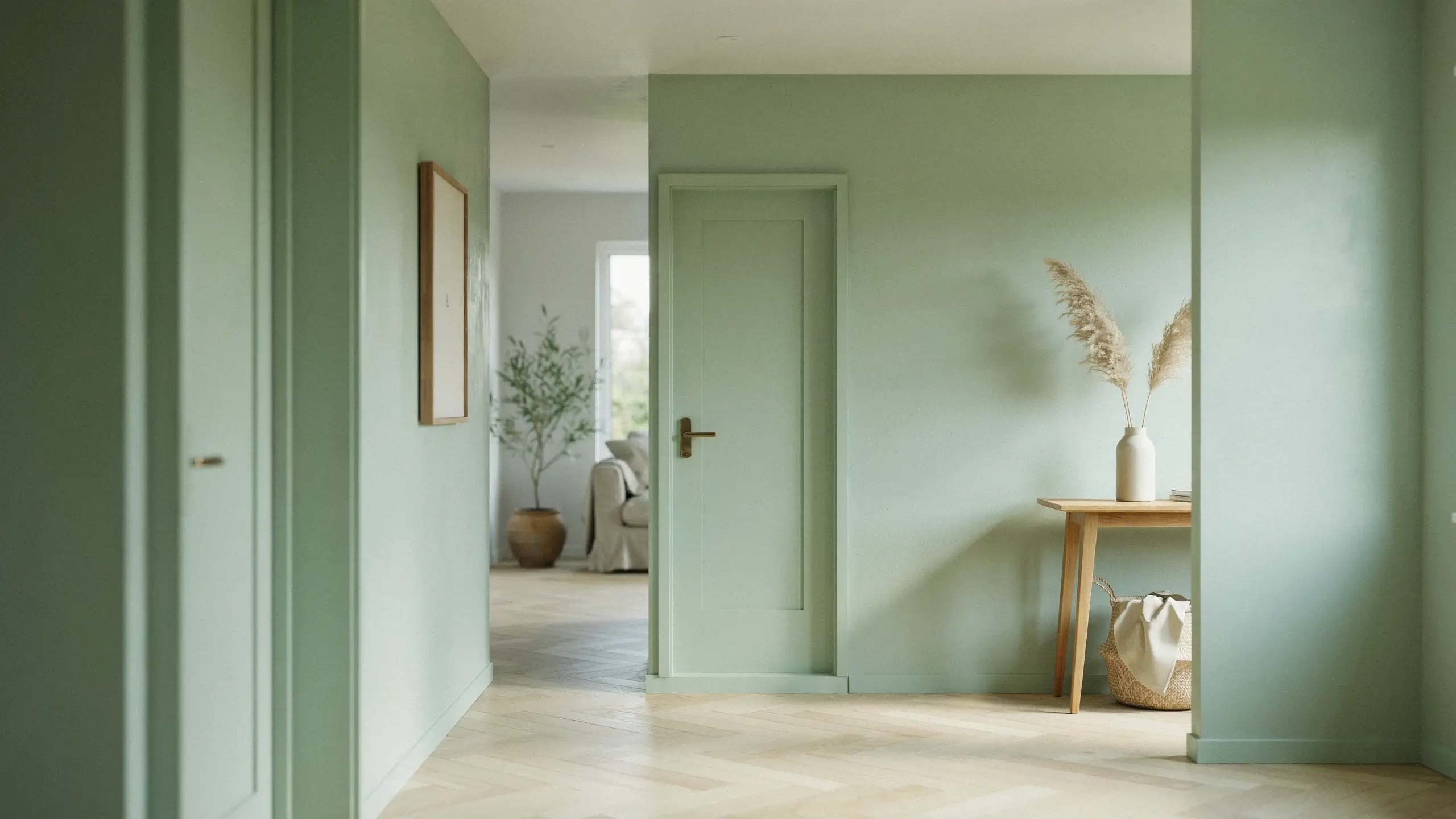 A serene, minimalist hallway painted in sage green featuring a matching closed panel door, a light wood console table holding a white ceramic vase of dried pampas grass, a woven storage basket, and a view into a brightly lit living area with an olive tree.
