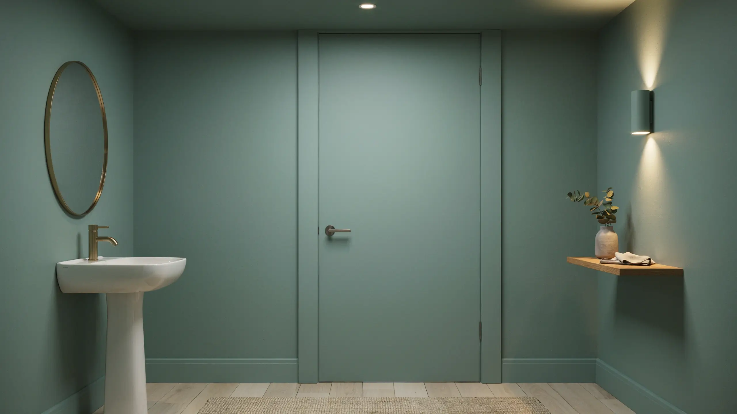 Minimalist small powder room with sage green walls, a white pedestal sink, brass faucet, and a floating wooden shelf, designed to maximize floor space in a tight area.