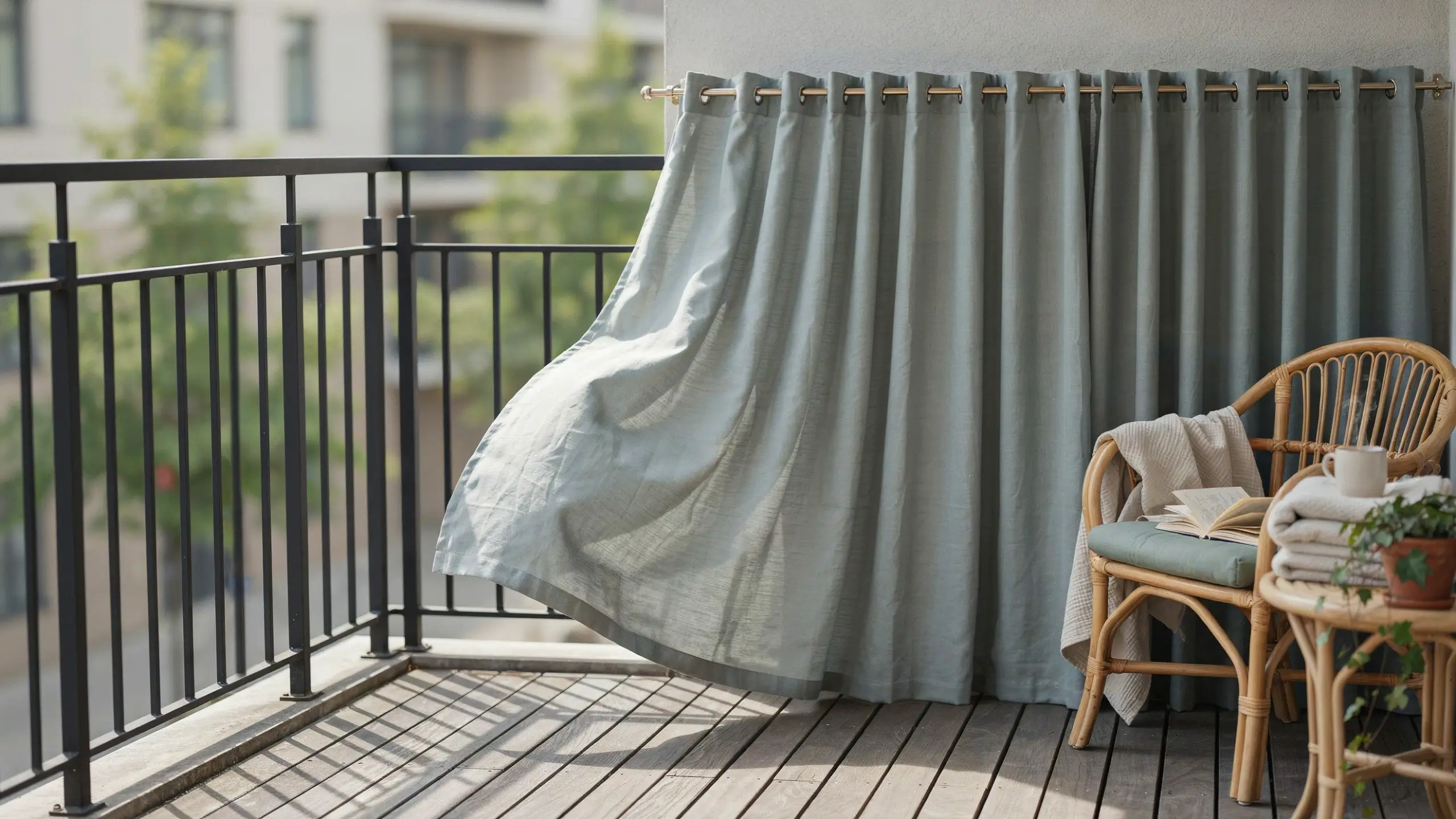 A breezy sage green outdoor curtain panel with metal grommets blowing in the wind on a sunny balcony, paired with a rattan wicker chair, reading book, and a white mug, creating an inviting and private outdoor lounge space.