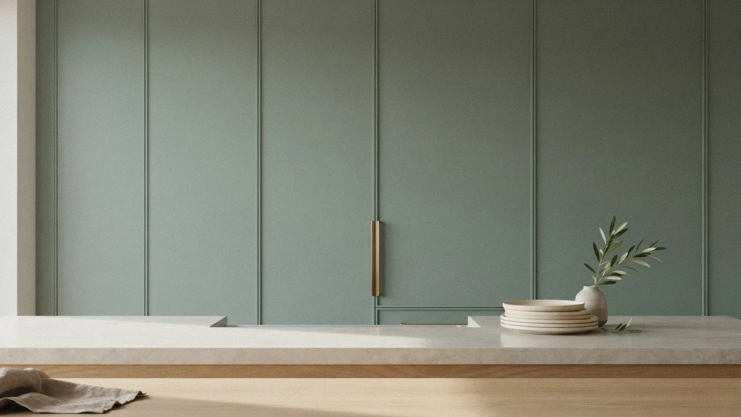 Sage green panel-ready appliance cabinet featuring a vertical brass handle and smooth facade, seamlessly integrated into a minimalist stone kitchen island to achieve a built-in look with stacked ceramic bowls and olive branch accents.