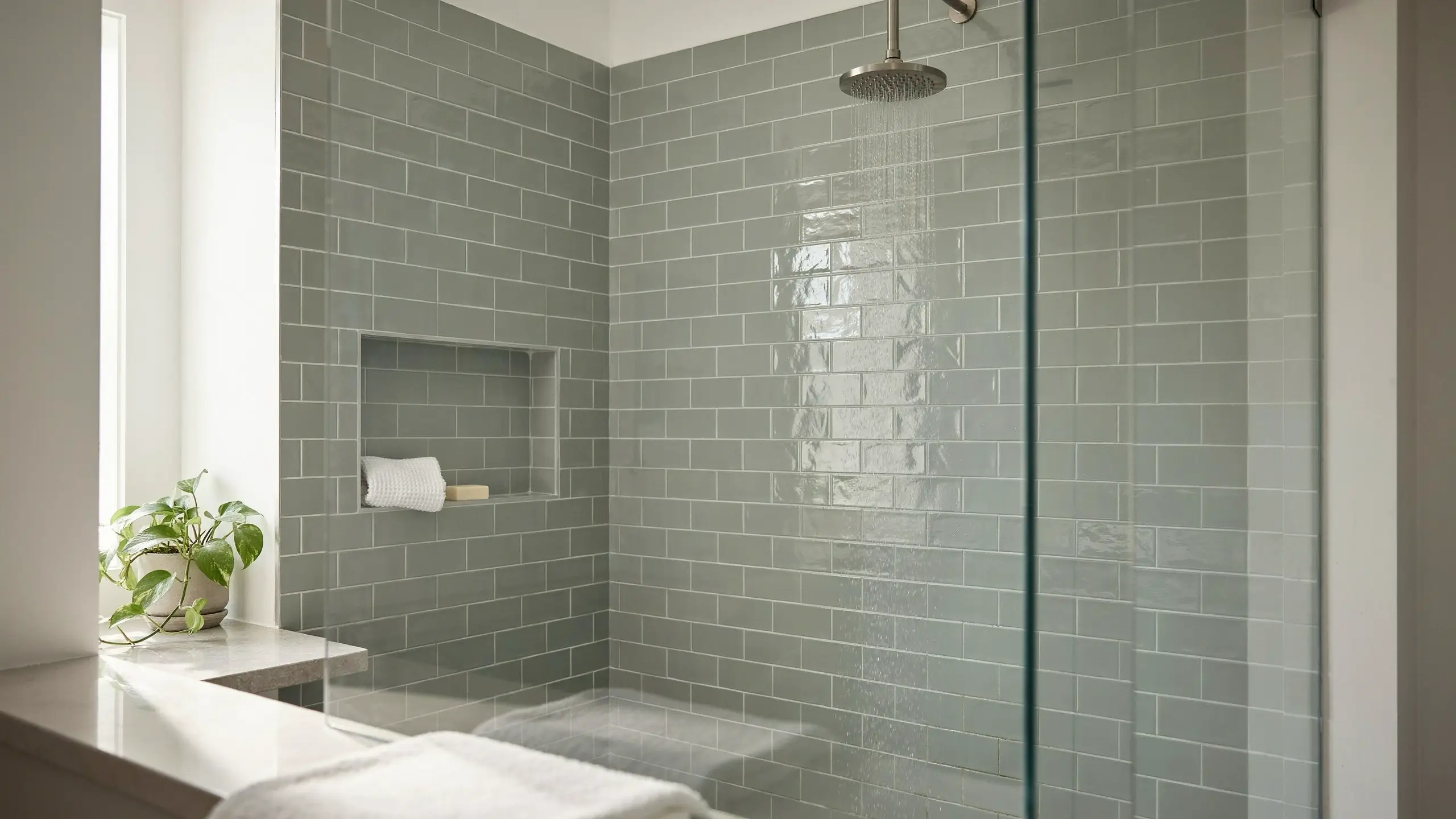 Modern bathroom walk-in shower with sage green subway tiles, a built-in recessed niche, and a rainfall showerhead streaming water over a glass enclosure.