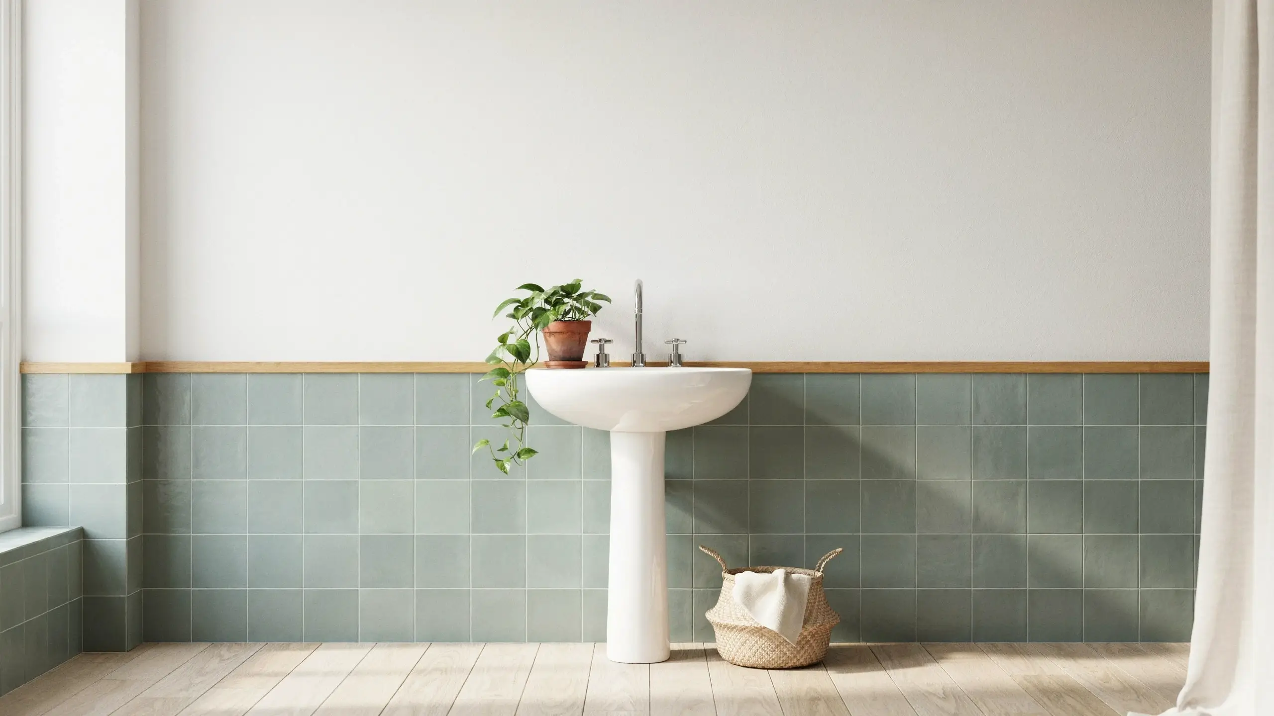 White pedestal sink with a potted plant against sage green square tile wainscoting and white upper wall in a bright minimalist bathroom.