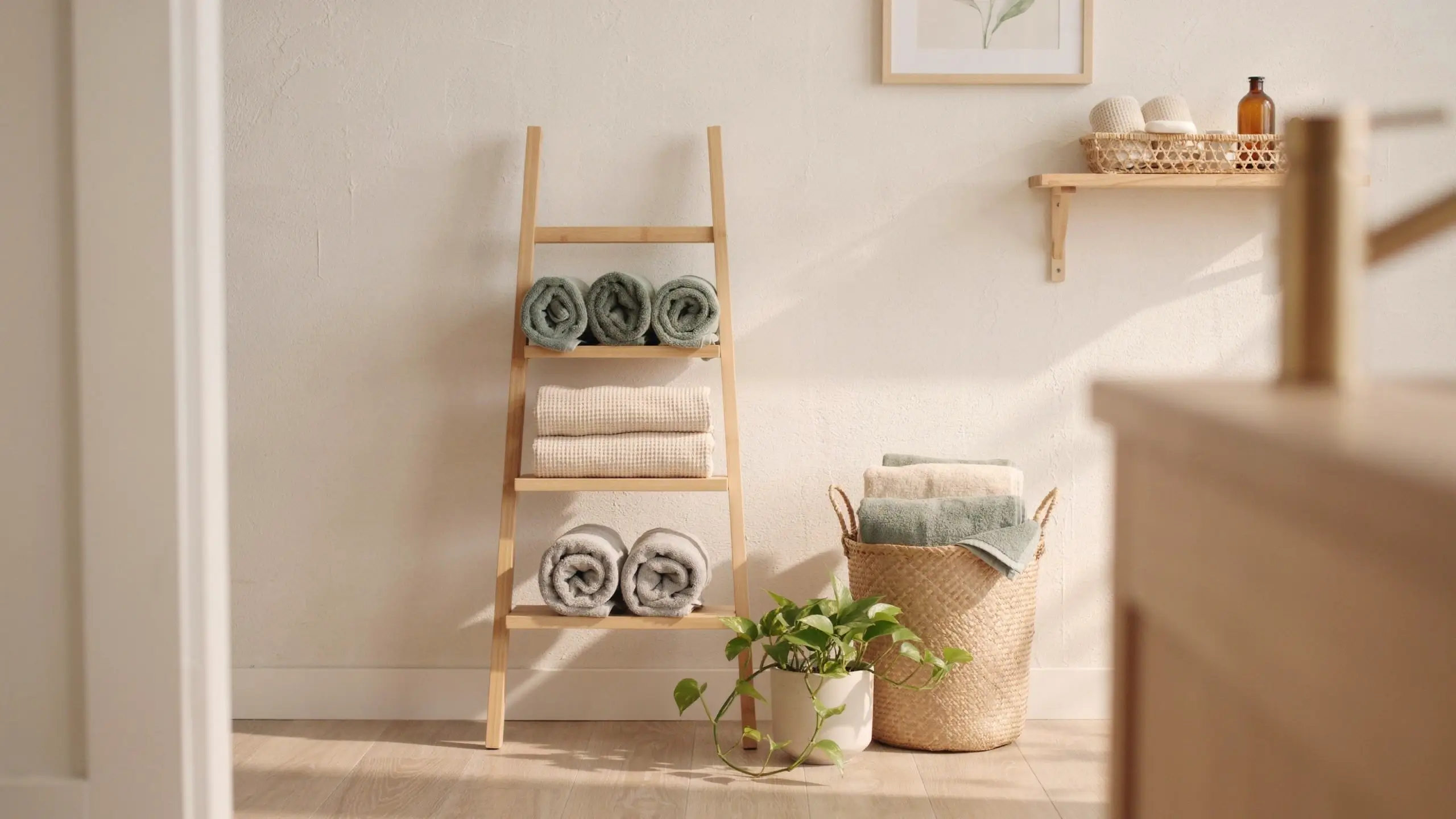 Minimalist bathroom storage featuring a light wooden towel ladder with rolled sage green towels, stacked cream towels, and a woven natural fiber basket on the floor beside a potted green plant.
