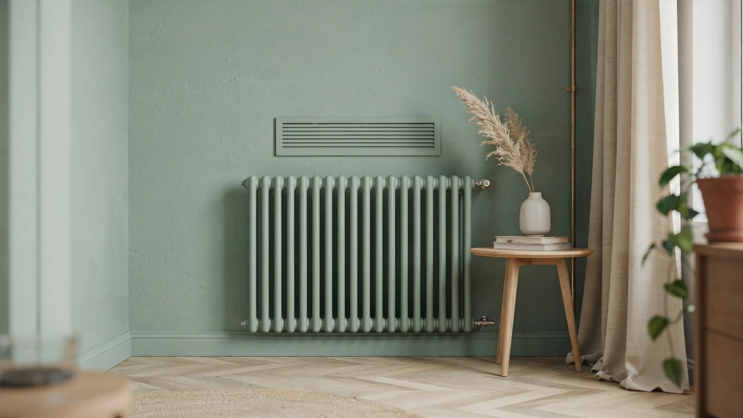 Sage green vintage column radiator with pampas grass vase on a wooden stool in a minimalist green living room.