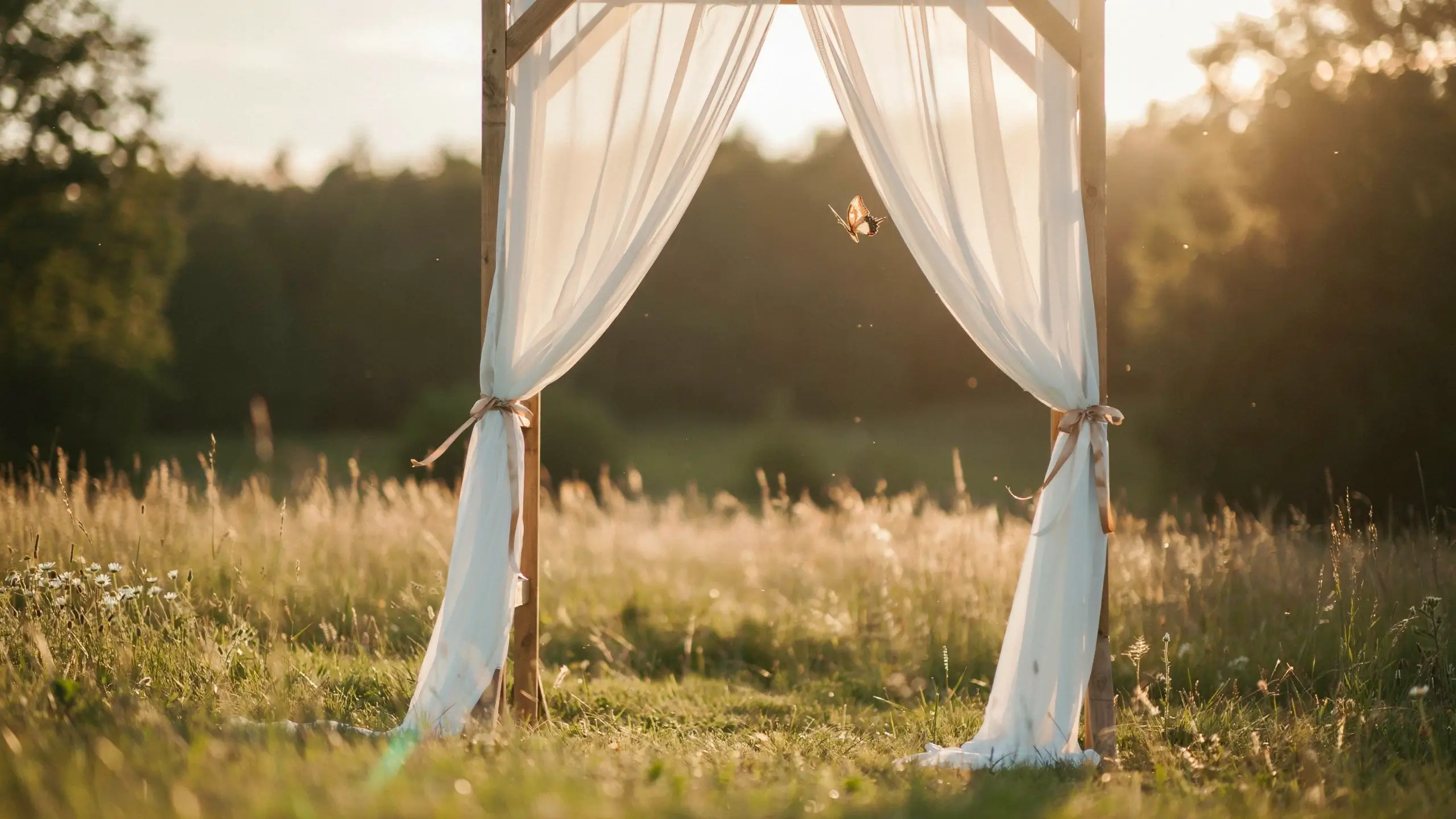 Rustic wooden outdoor wedding arch decorated with white sheer SANELA curtain panels tied back with twine, set in a sunlit grassy meadow with trees in the background during golden hour sunset, a single butterfly fluttering through the center.