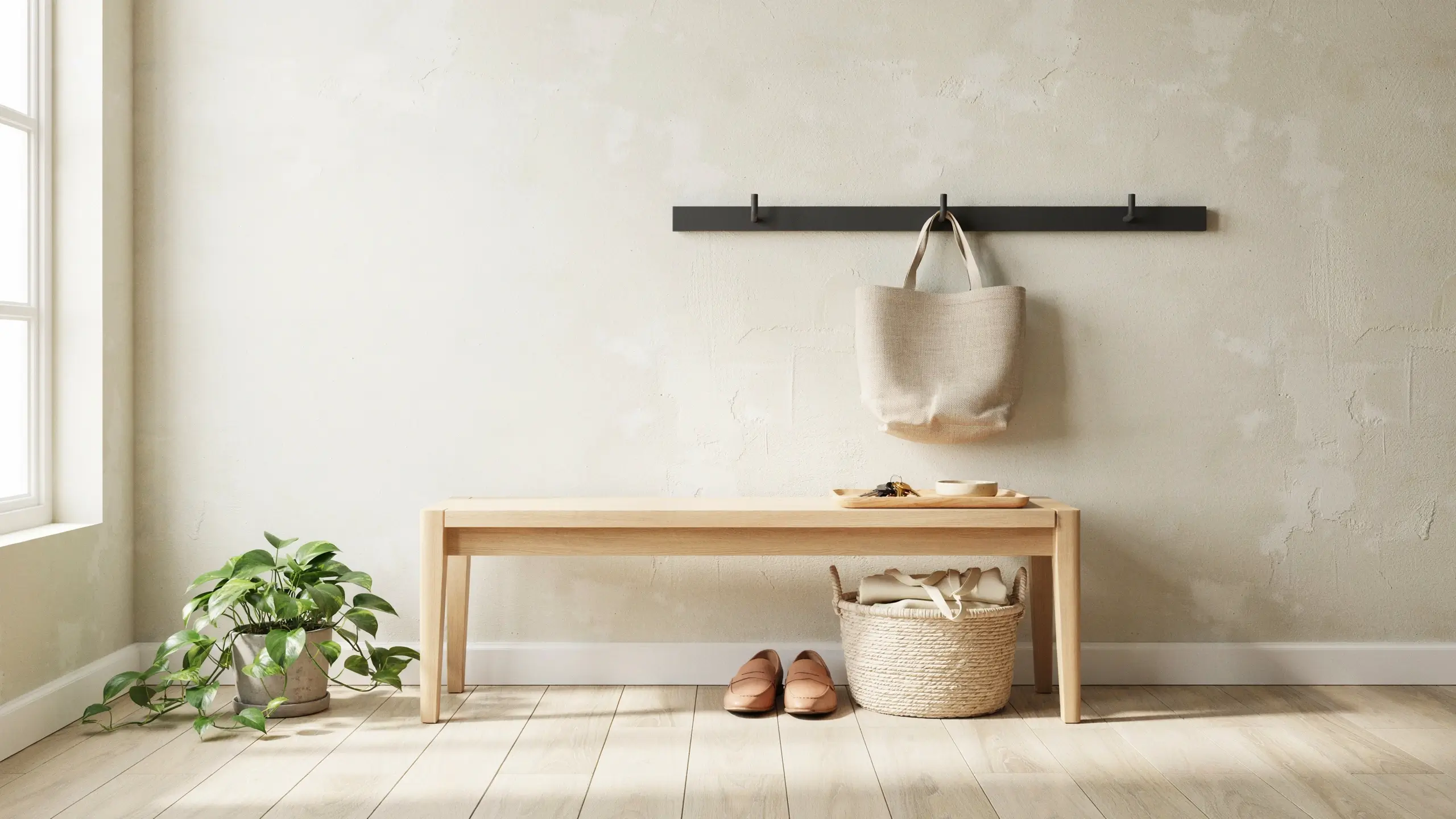 Scandinavian minimalist entryway with light wood bench, black coat rack, beige tote bag, and potted plant for welcoming home decor.