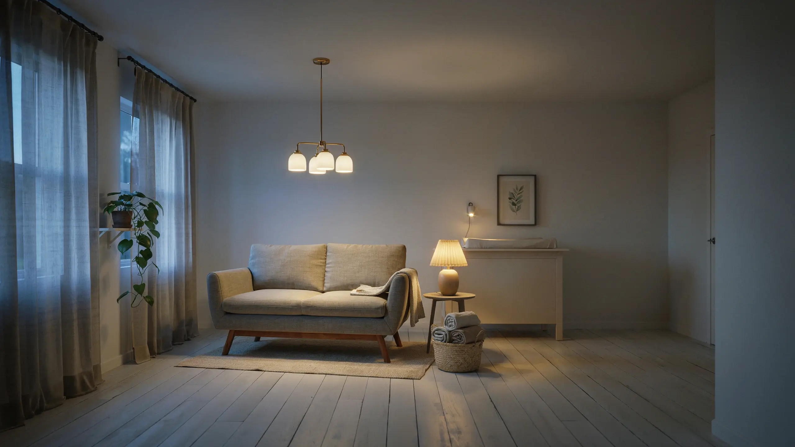 A cozy Scandinavian nursery showcasing layered lighting with a central brass pendant, a warm pleated table lamp, and an accent wall sconce illuminating a white dresser beside a modern beige sofa and trailing plant.