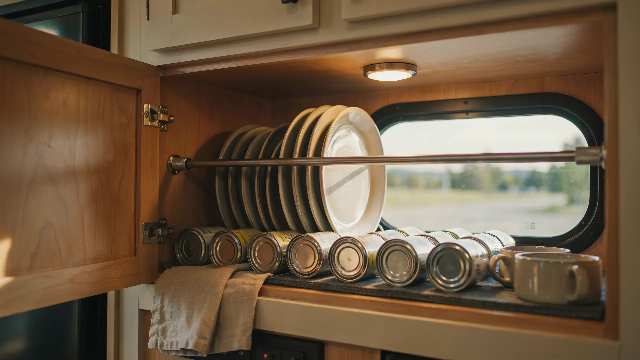 White plates secured by a metal rod and canned goods stored flat on a non-slip shelf inside an RV wooden cabinet to prevent breakage while driving.