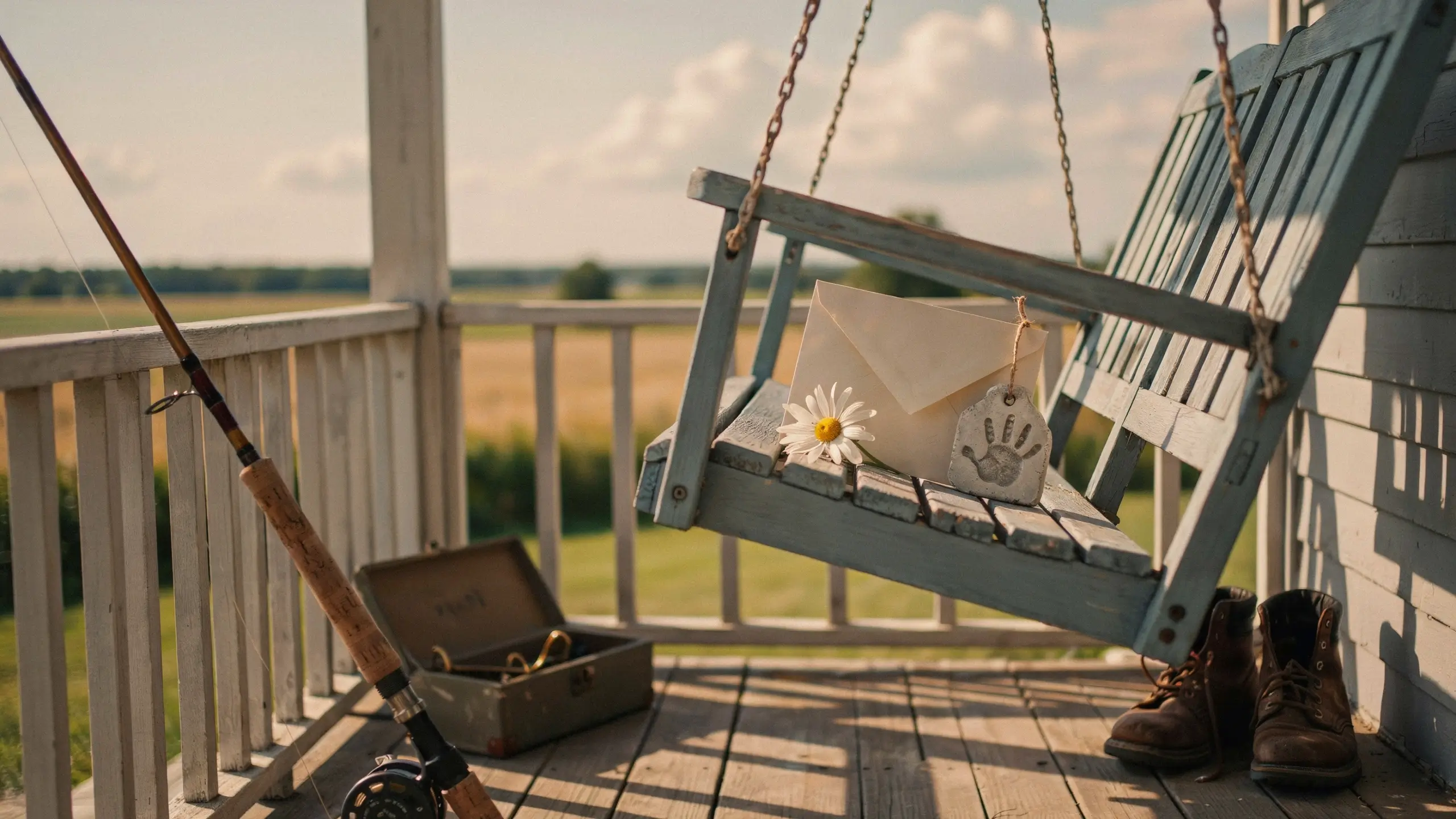 Rustic wooden porch swing holding a cream envelope, daisy, and child's clay handprint tag, beside a fishing rod, open tackle box, and leather boots. 