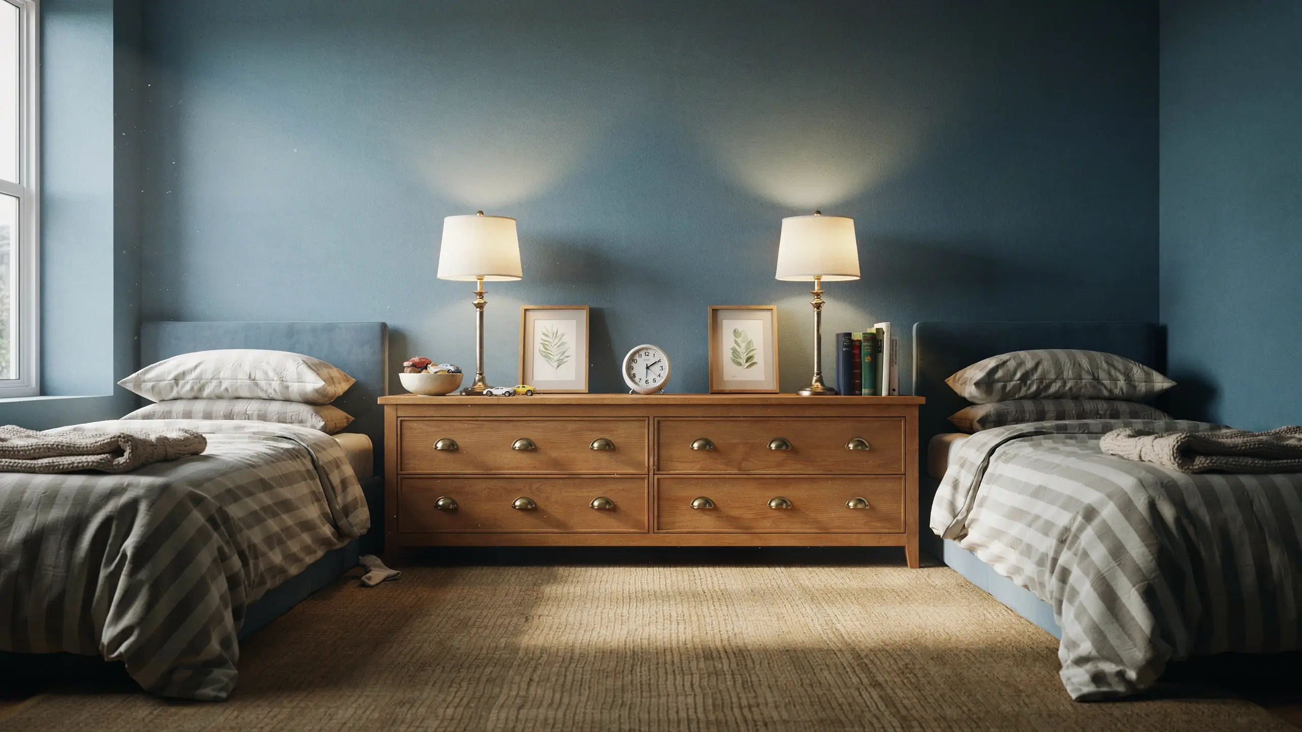 Two twin beds with grey striped bedding positioned in a blue bedroom, separated by a wooden dresser that serves as a functional room divider and storage unit.