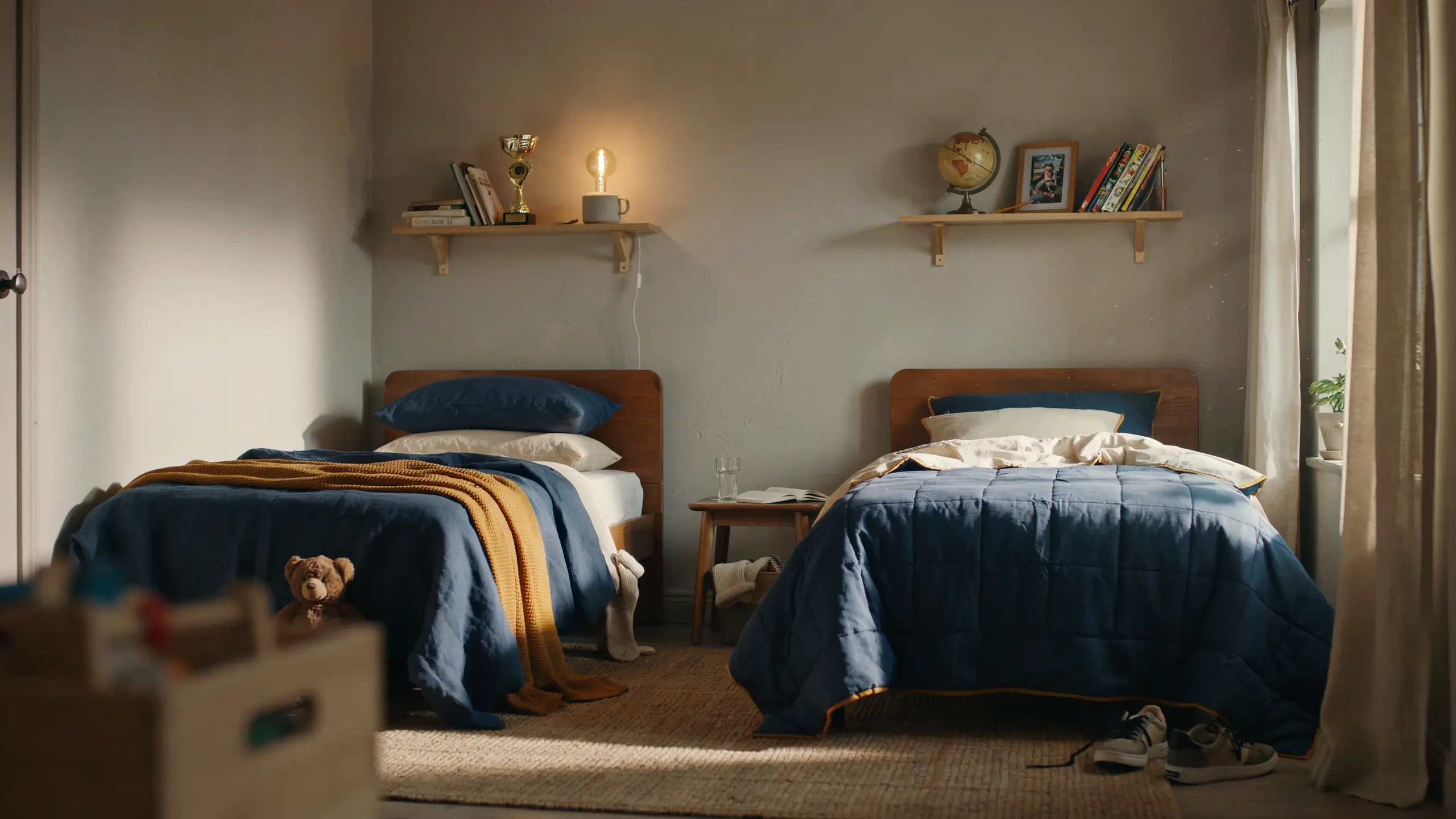 A cozy shared bedroom with twin beds featuring blue quilted duvets and wooden headboards, accented by vertical floating wall shelves above each bed that hold books, a globe, a golden trophy, and a warm mug light, illuminated by sunlight streaming through sheer curtains.