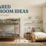Modern shared boys bedroom featuring light wood bunk beds and a twin bed with neutral decor, with a text overlay reading "27 Shared Boys Room Ideas for small spaces and real budgets".