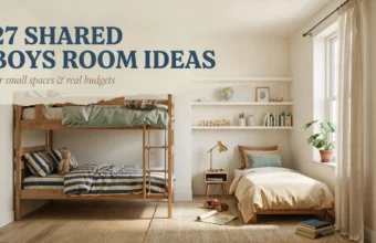 Modern shared boys bedroom featuring light wood bunk beds and a twin bed with neutral decor, with a text overlay reading "27 Shared Boys Room Ideas for small spaces and real budgets".