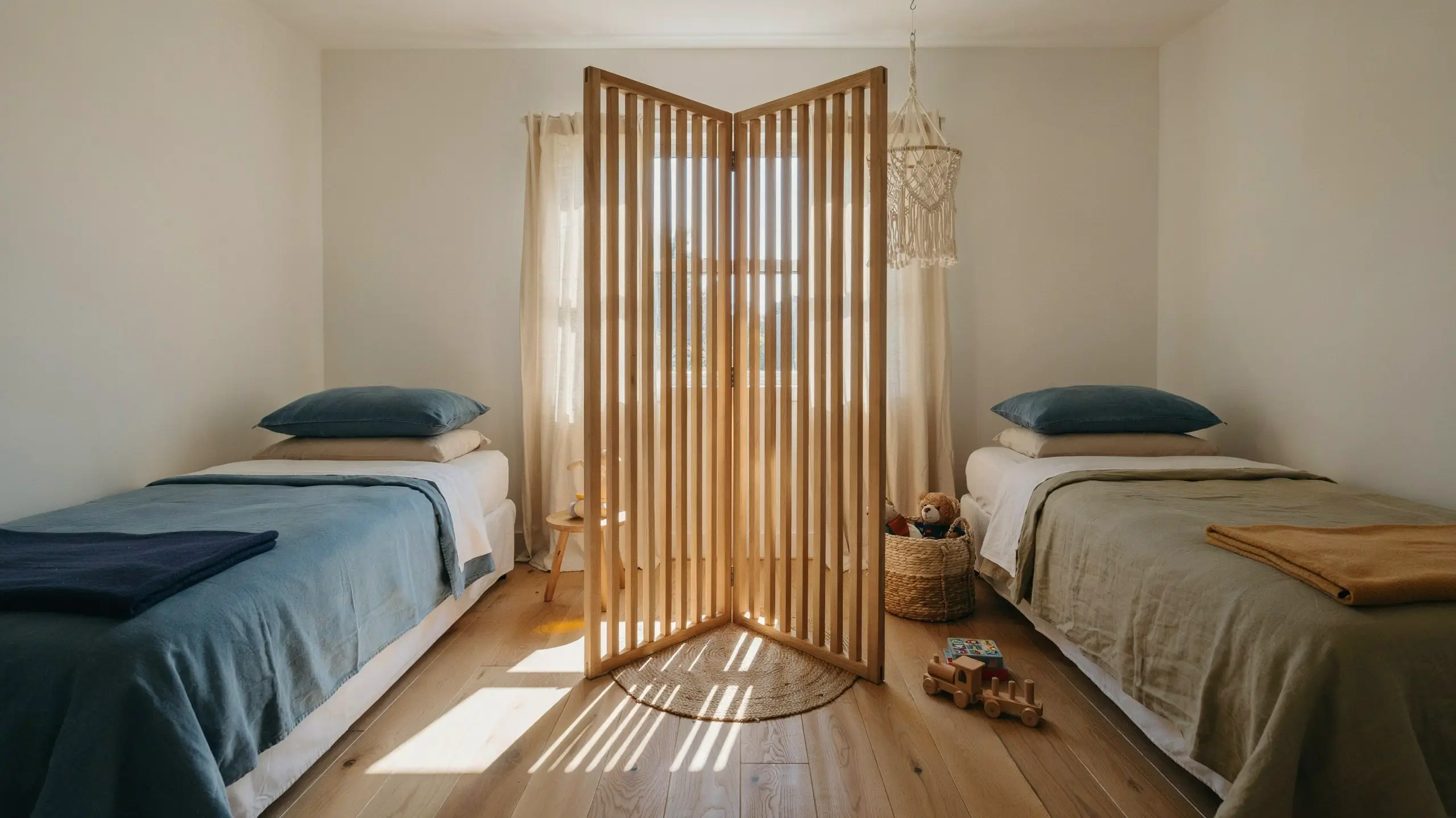 A wooden slatted divider screen partitioning two twin beds in a sunlit shared child's bedroom, paired with toys and a woven storage basket.