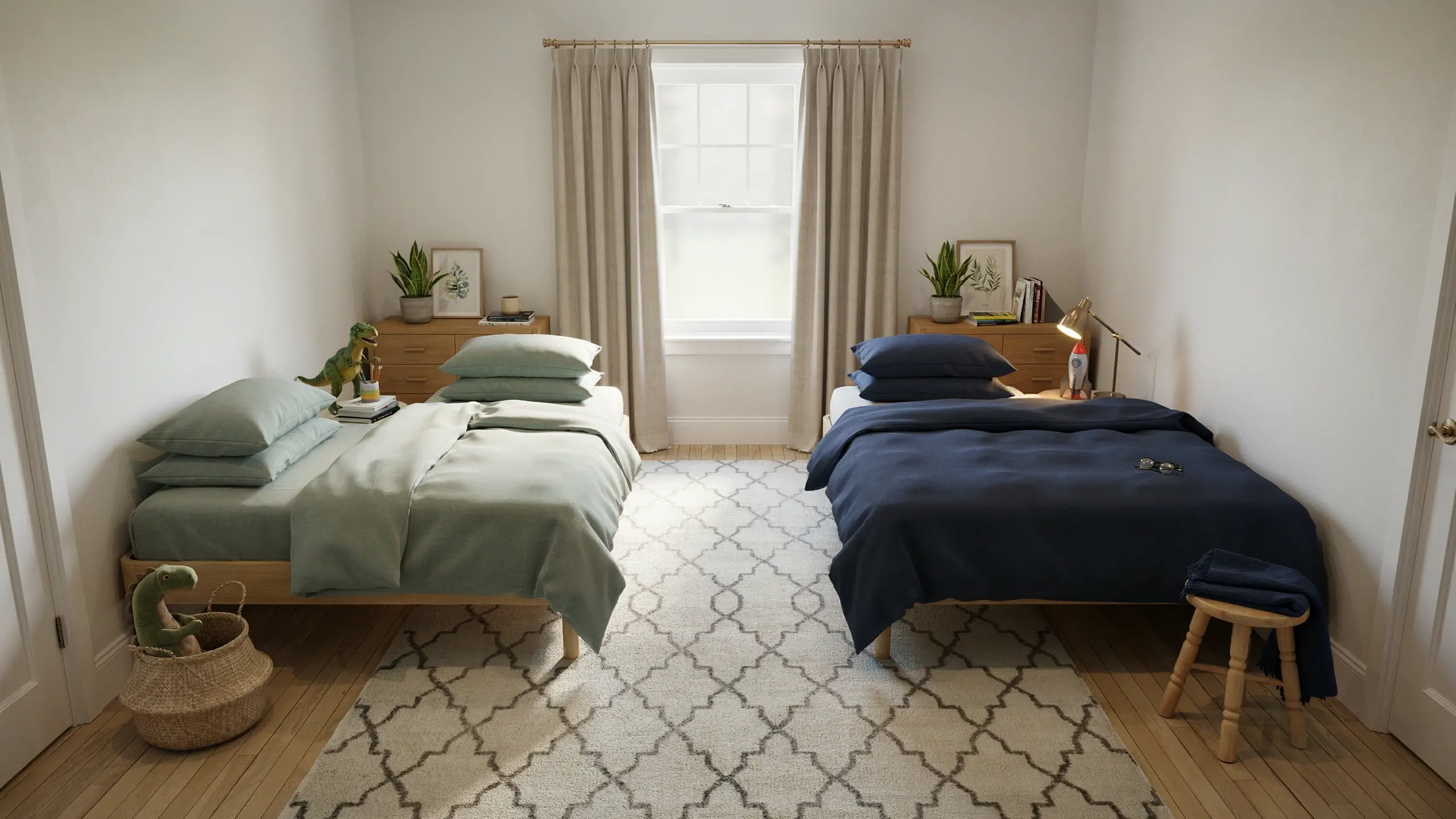 A shared children's bedroom featuring a sage green twin bed on the left and a navy blue twin bed on the right, unified by a large beige curtain and a white geometric trellis area rug placed centrally on the light hardwood floor.