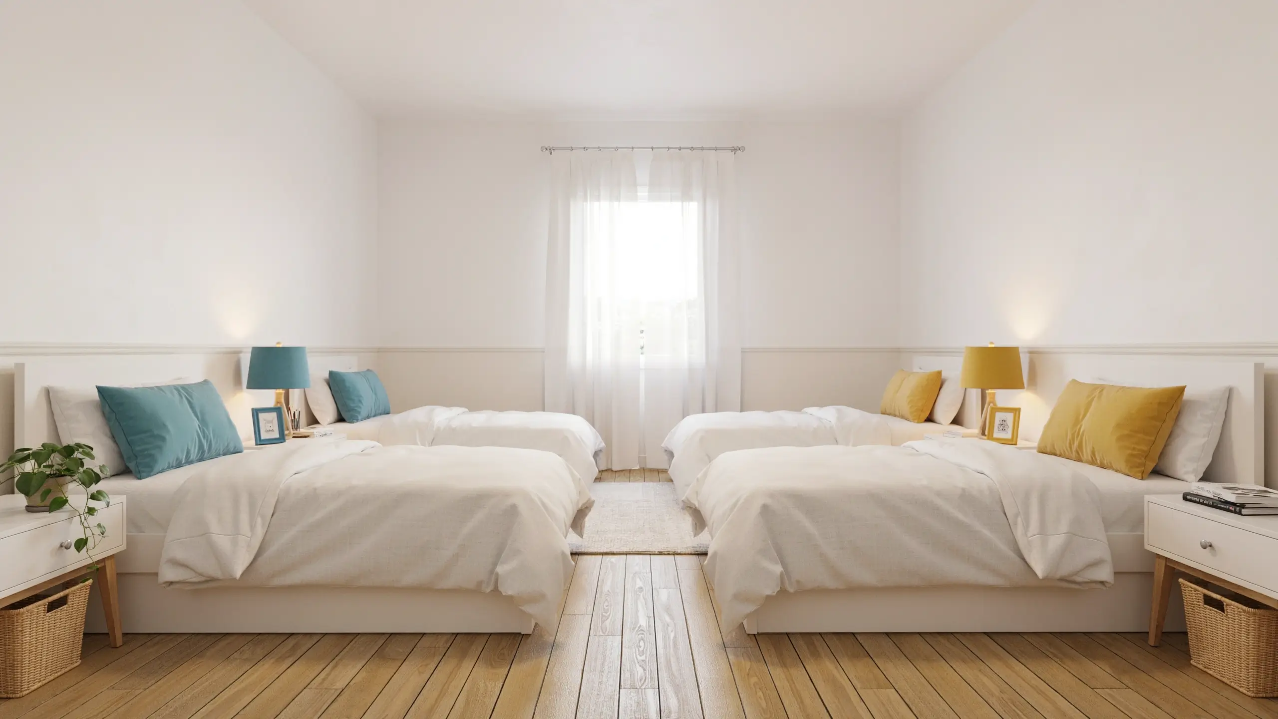 Bright shared twin bedroom featuring white beds and light wood floors, styled with teal-blue throw pillows and a lamp on the left, and mustard-yellow accessories on the right, separated by a white rug and a central window with sheer curtains.