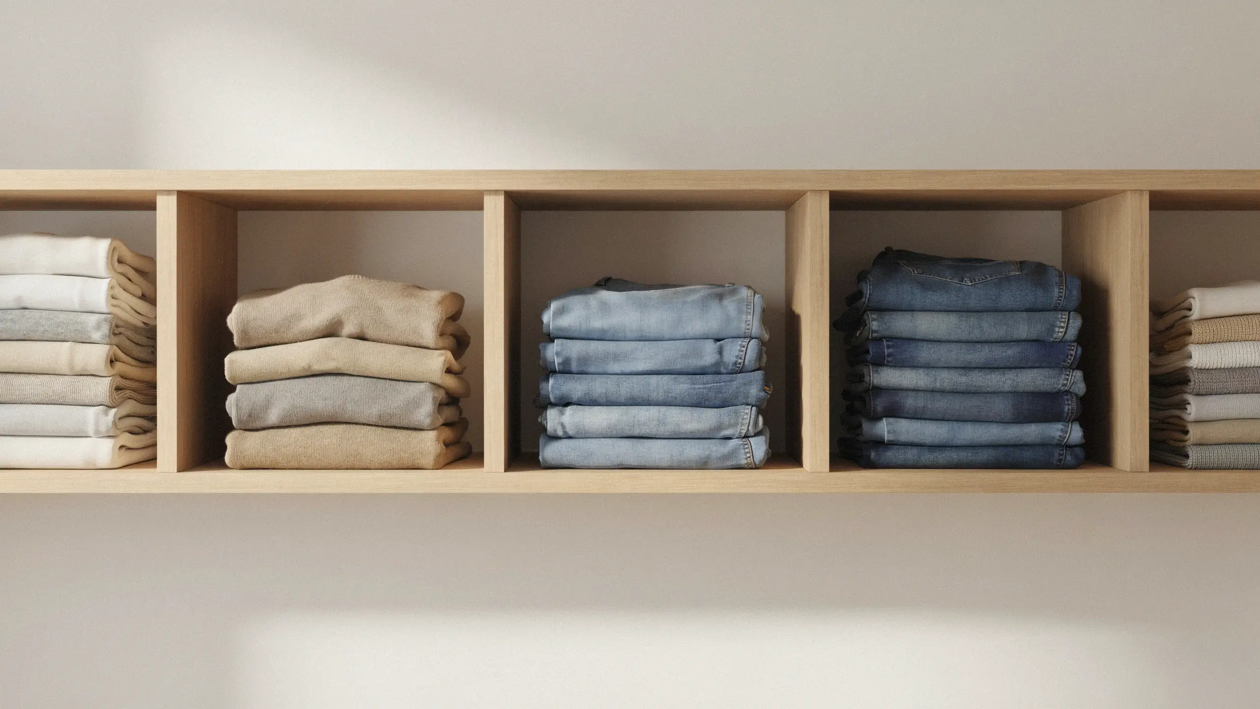 Light wood shelving unit featuring shelf dividers for folded stacks of jeans and neutral sweaters, keeping them upright and easily accessible.