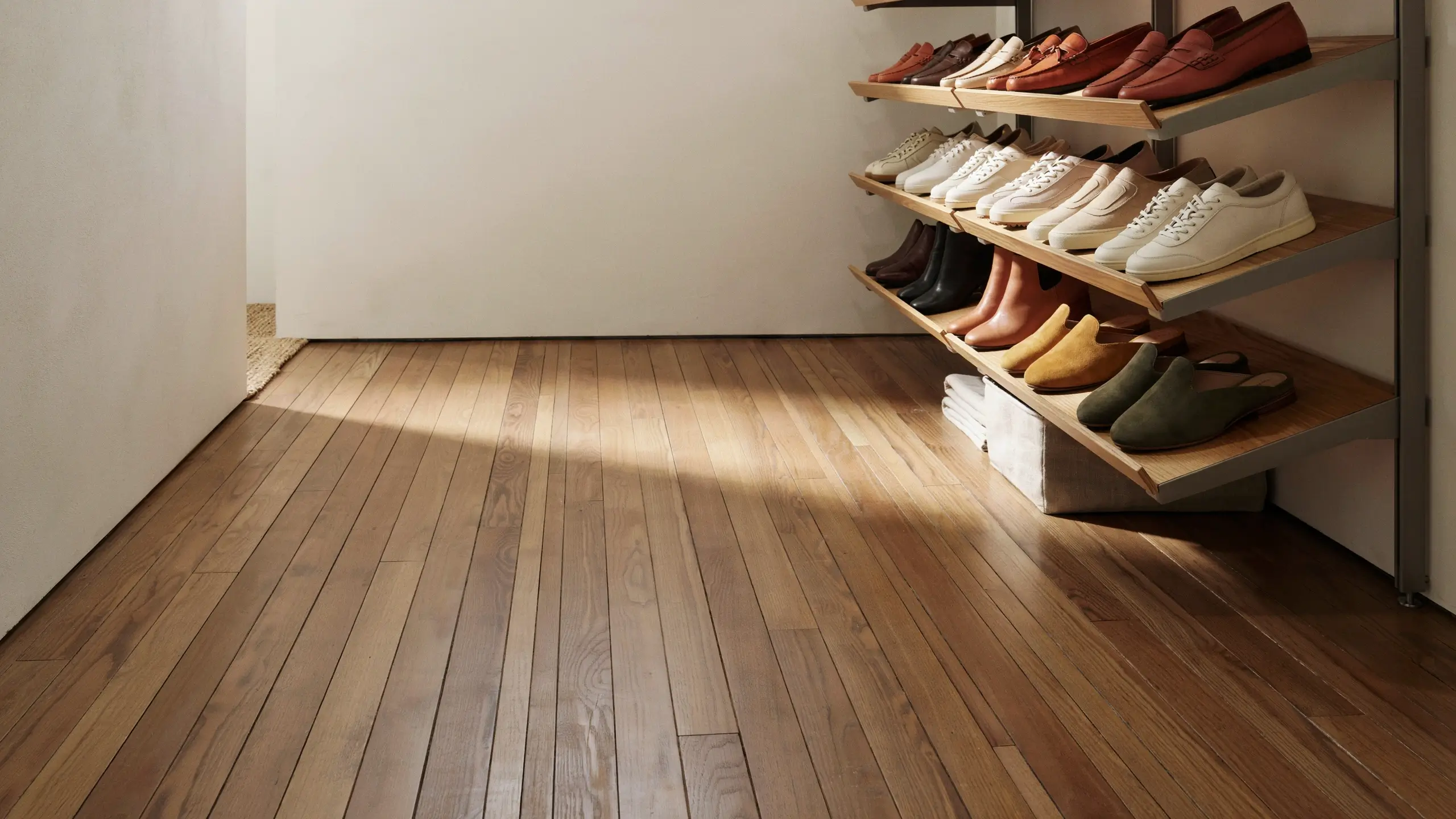 A minimalist multi-tier wooden shoe rack keeping footwear off the floor, neatly displaying leather loafers, white sneakers, brown boots, and suede mules on a hardwood floor illuminated by natural sunlight. 