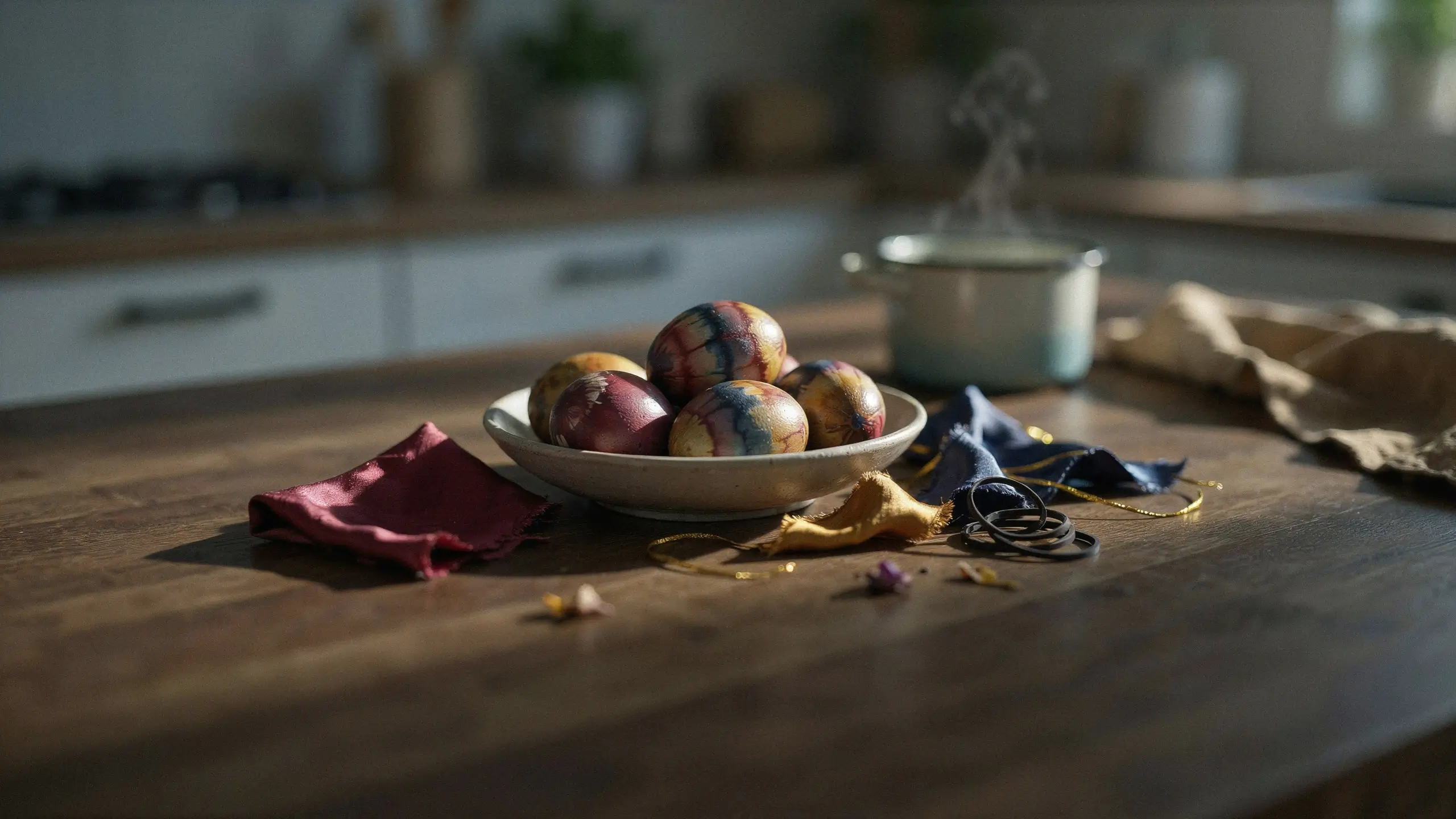 A bowl of marbled silk tie dyed eggs resting on a rustic wooden kitchen counter, surrounded by craft fabrics, rubber bands, and a steaming pot in the background.