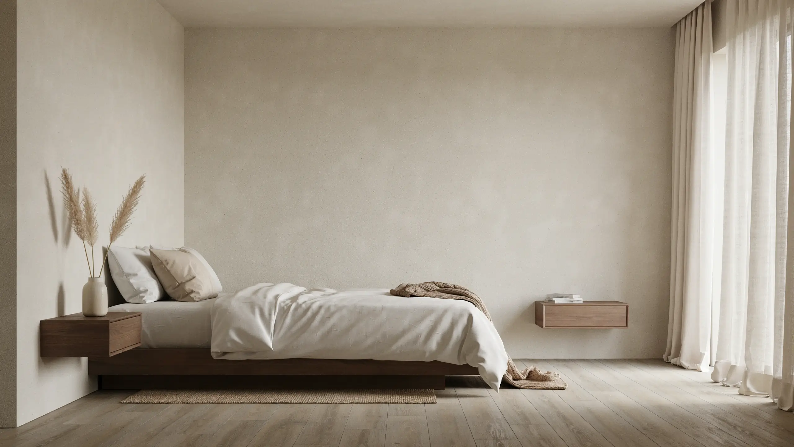 Sleek low-profile dark wood platform bed with white linen bedding and a floating nightstand holding pampas grass in a sunlit minimalist bedroom.